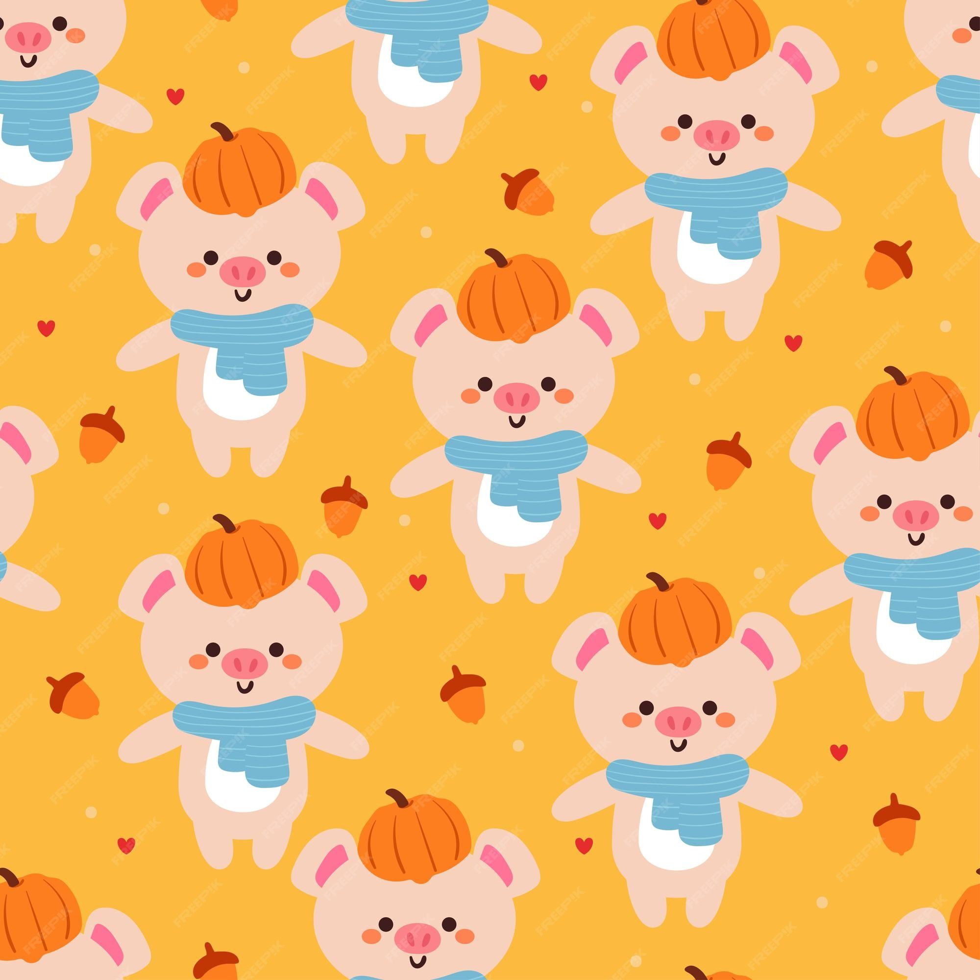 2000x2000 Premium Vector. Seamless pattern cartoon pig pumpkin and autumn vibes element cute autumn wallpaper for holiday
