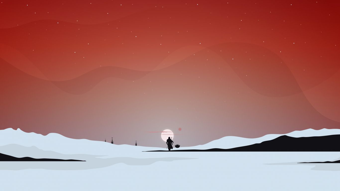 1366x768 Minimal Star Wars The Mandalorian Silhouette sunset