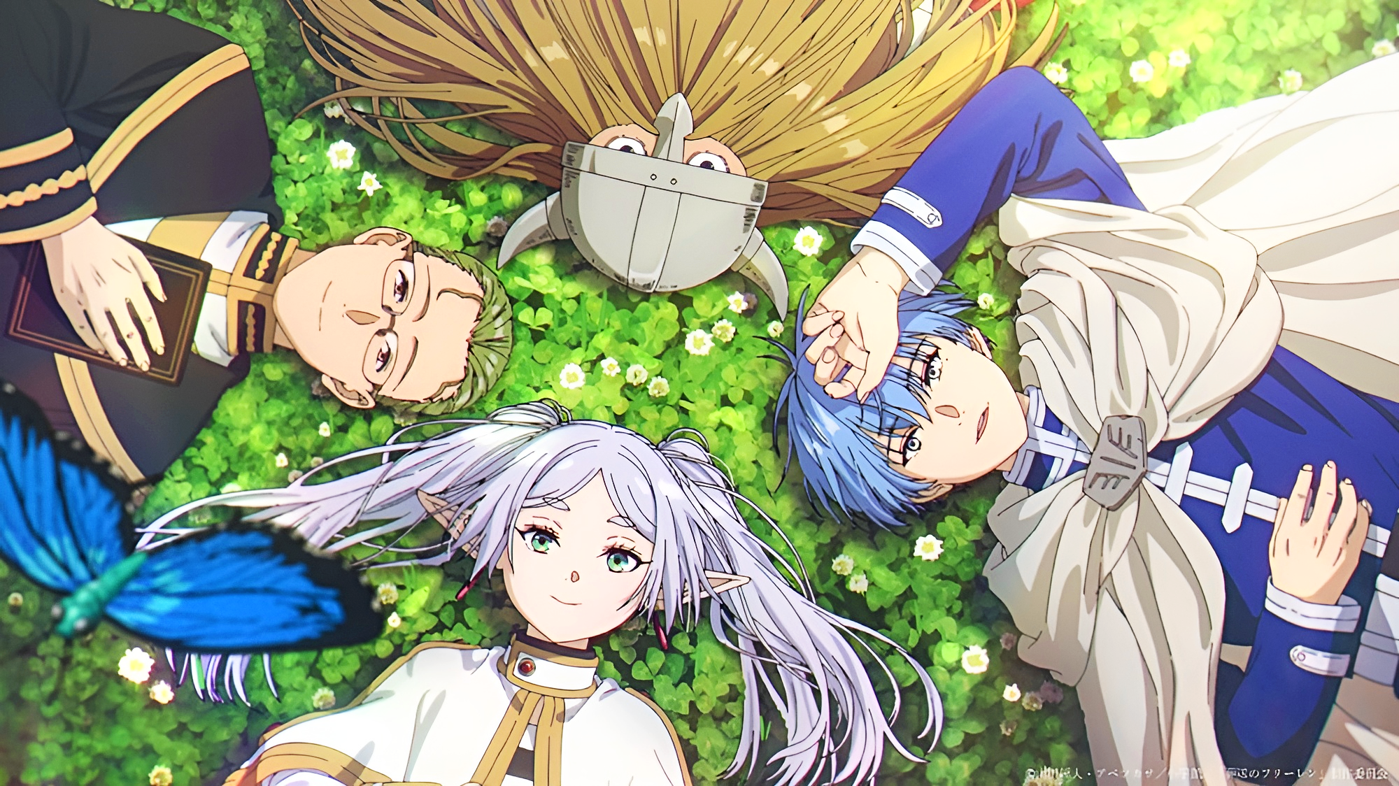 2000x1124 white hair, long hair, Sousou No Frieren, anime, grass, flowers, insect, pointy ears, butterfly, anime girls, anime boys, Anime screenshot, twintails, Japanesex1124 Wallpaper