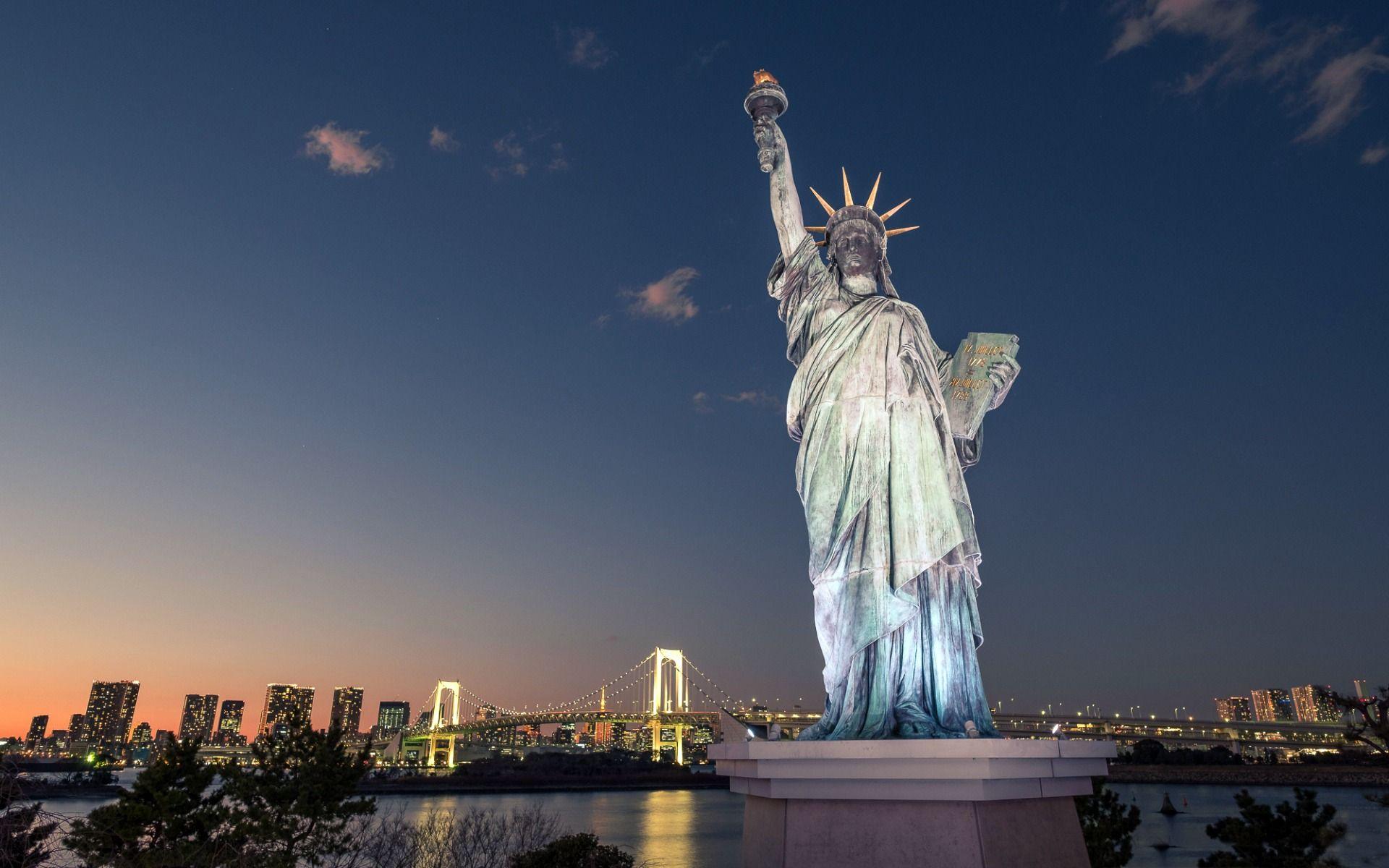 1920x1200 Download wallpaper Odaiba Statue of Liberty, Tokyo, Japan, night