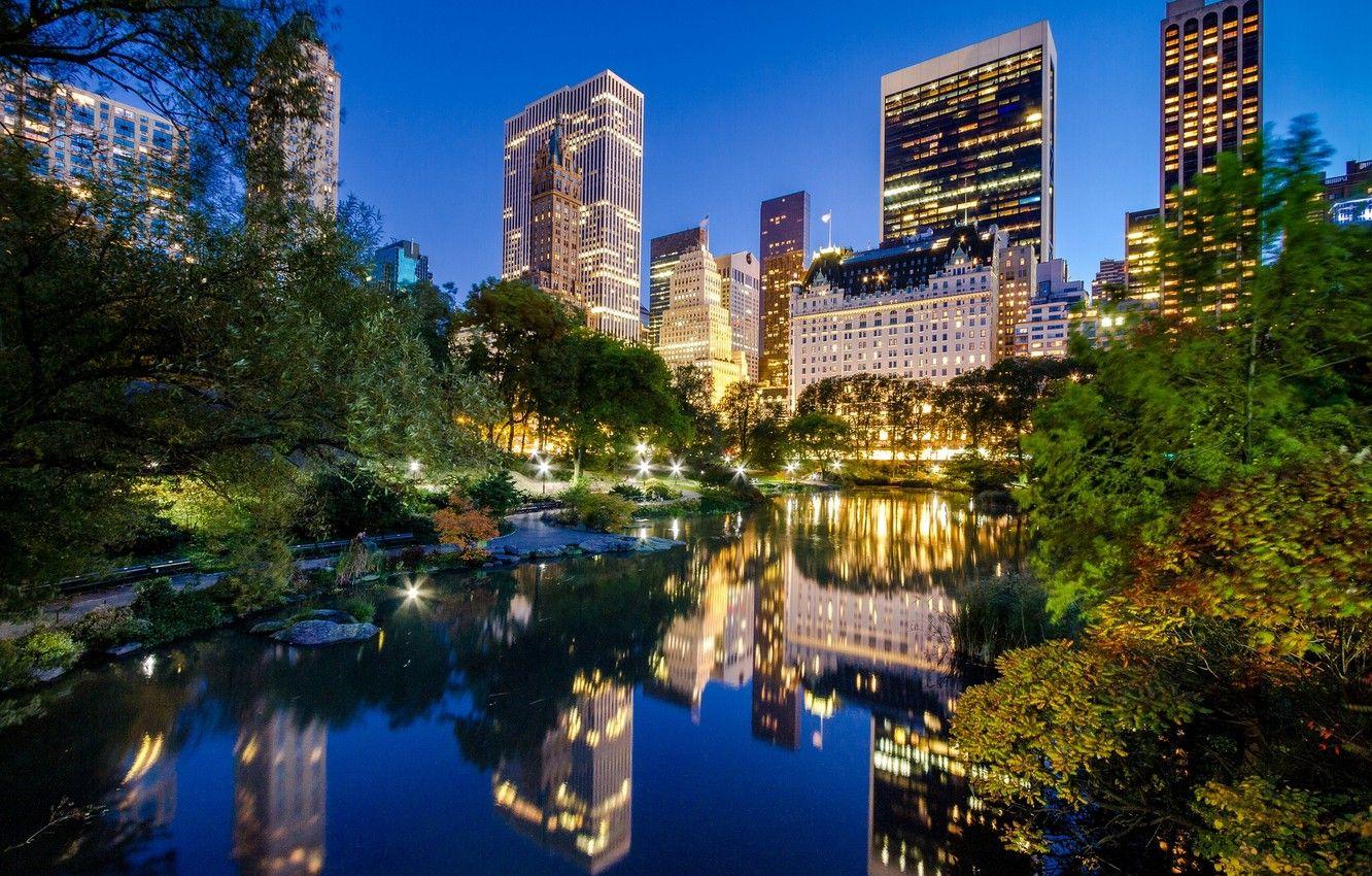 1332x850 Wallpaper reflection, river, building, New York, night city