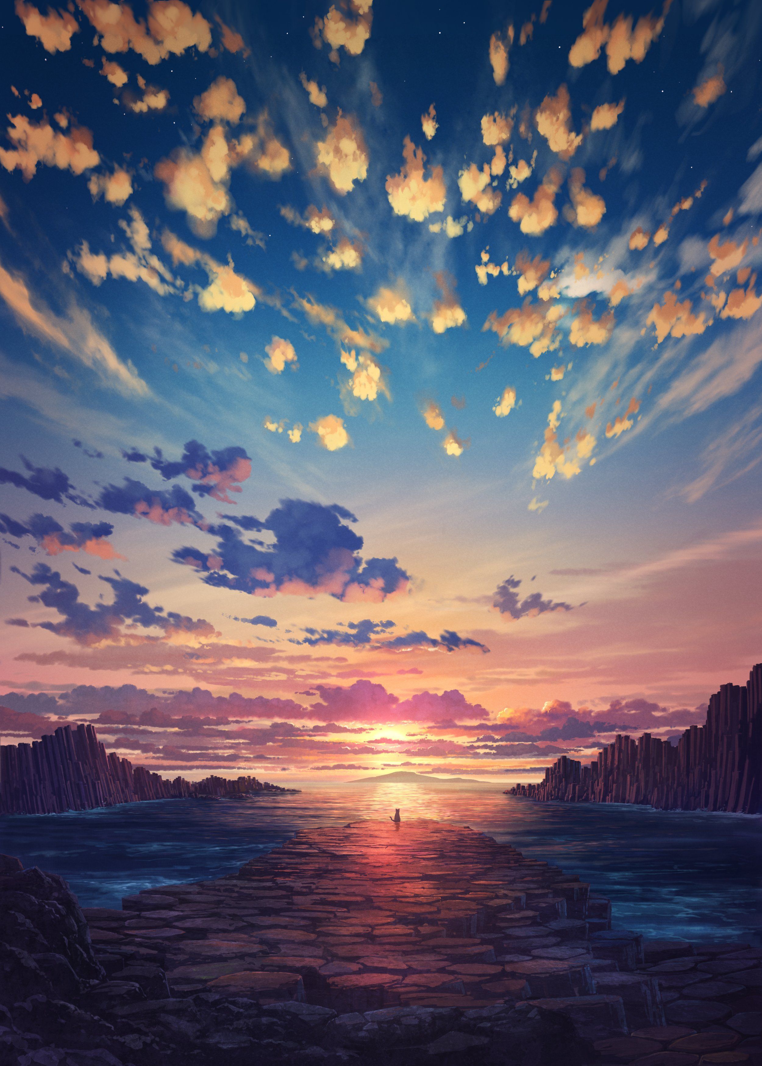 2500x3500 kuroneko no pei, digital art, digital painting, cats, sunset, clouds, sky, portrait display, sunset glow, water, animalsx3500 Wallpaper