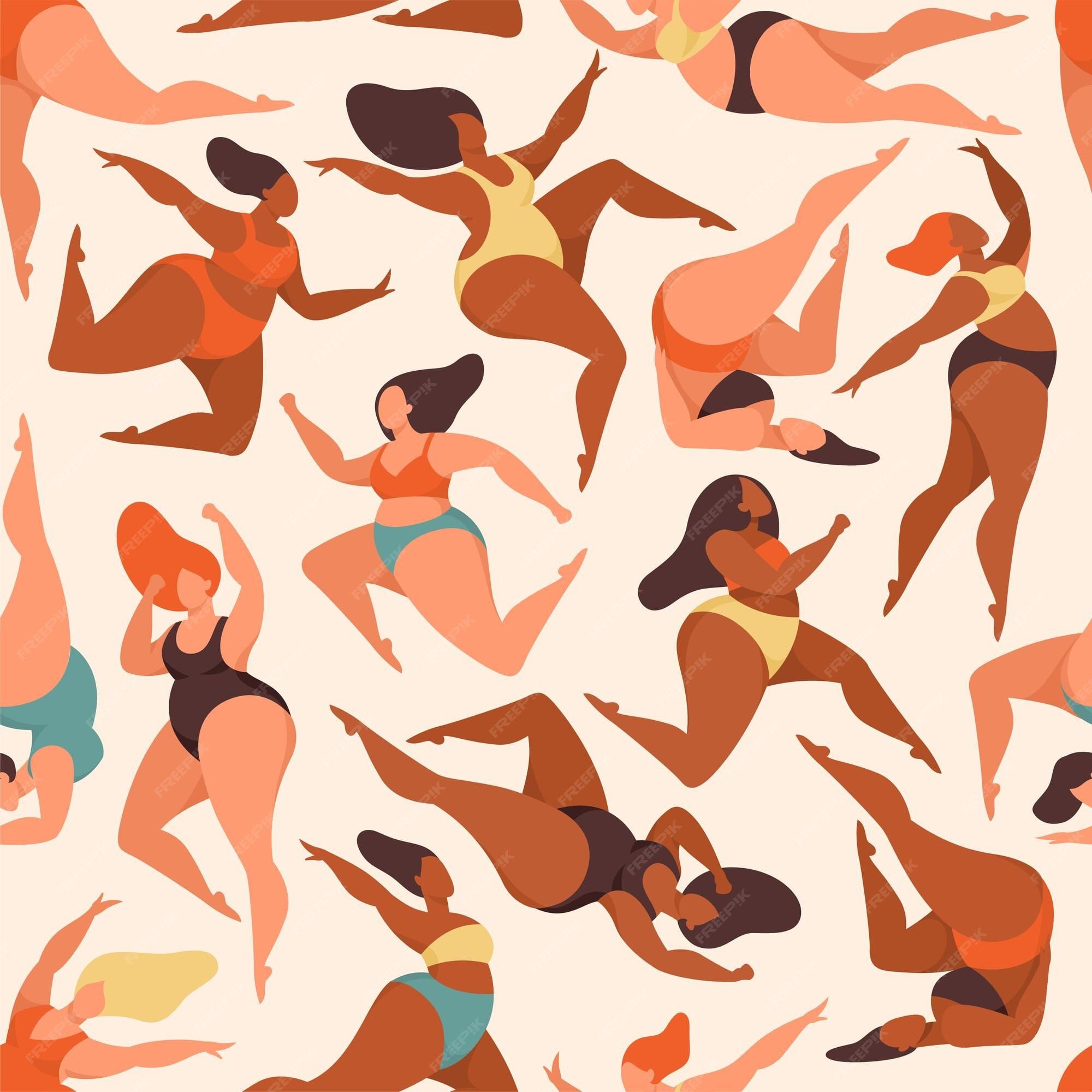 2000x2000 Premium Vector. Body positive women seamless pattern. attractive overweight female in color clothes charming fat girls, cute plus size in swimsuits, creative design textile, wrapping paper, wallpaper vector texture