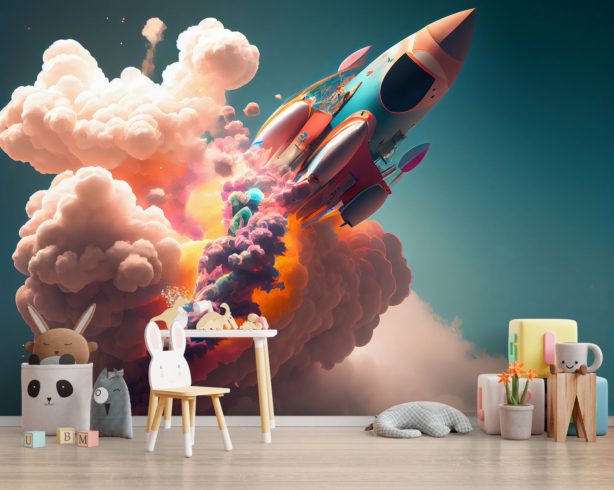 2126x1699 Futuristic Rocket & Flying in Cloud Spaceship Wall Mural