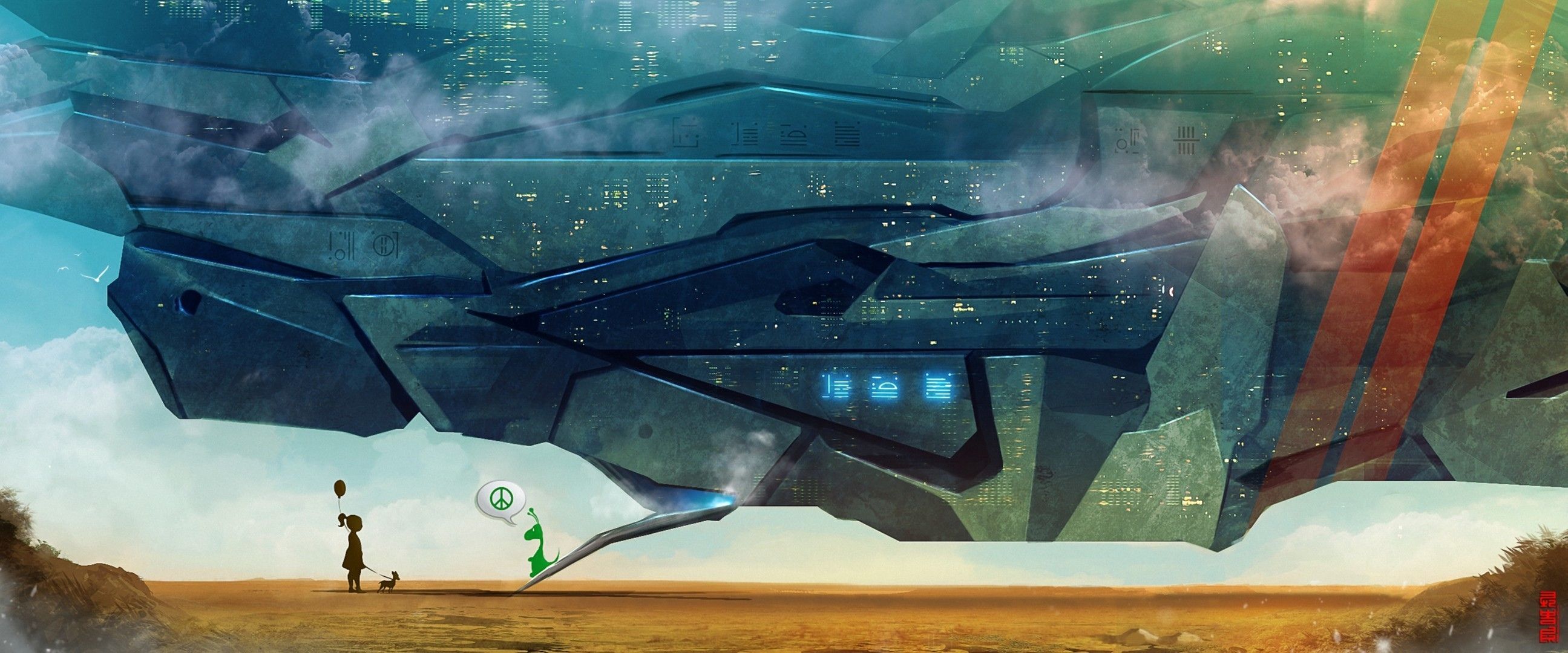 2591x1080 Girl Art Craft Meeting Sci Fi Alien Spaceship Peace Wallpaperx1080