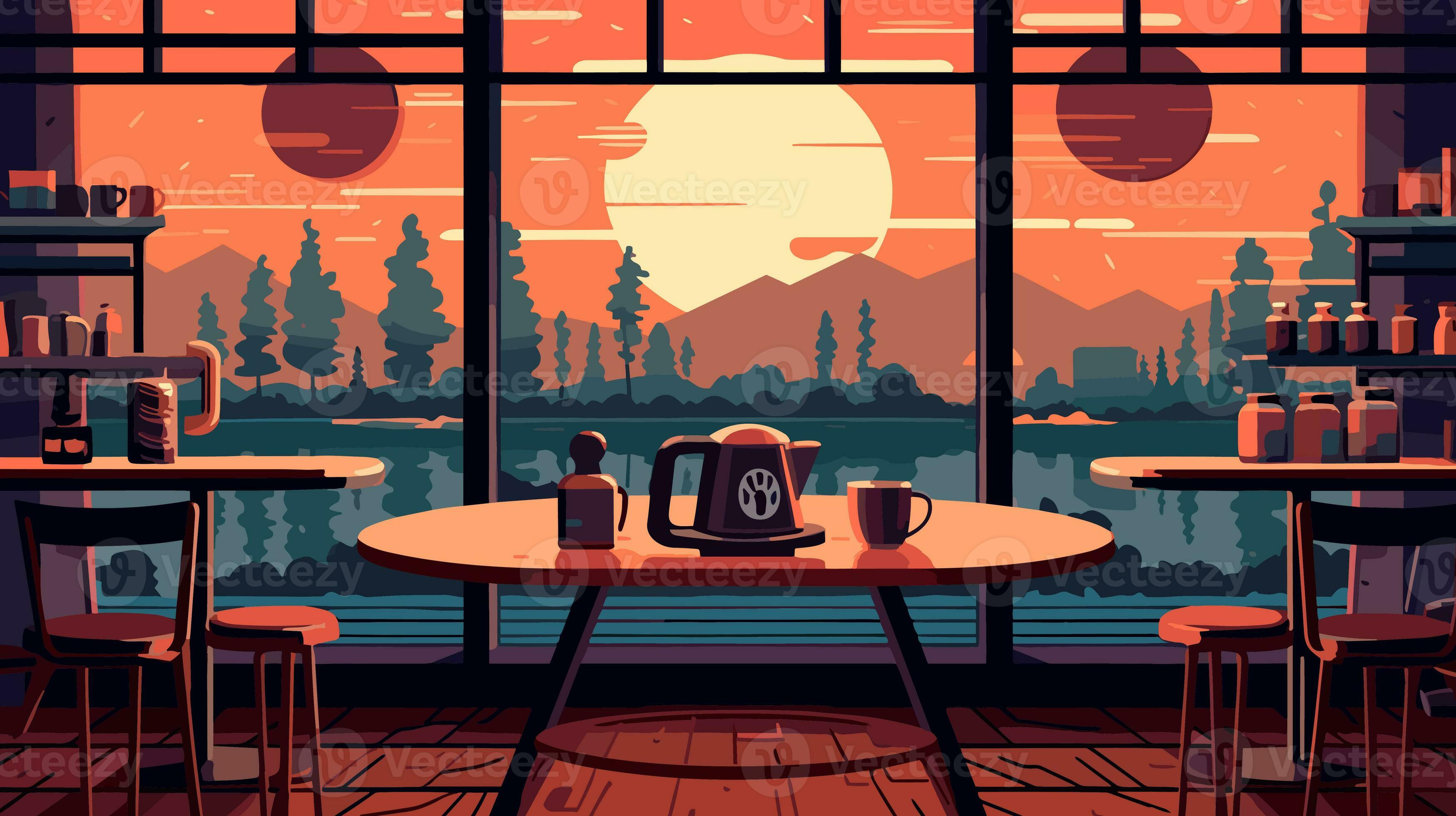 3497x1960 coffee shop with large windows looking out into the groove lofi world