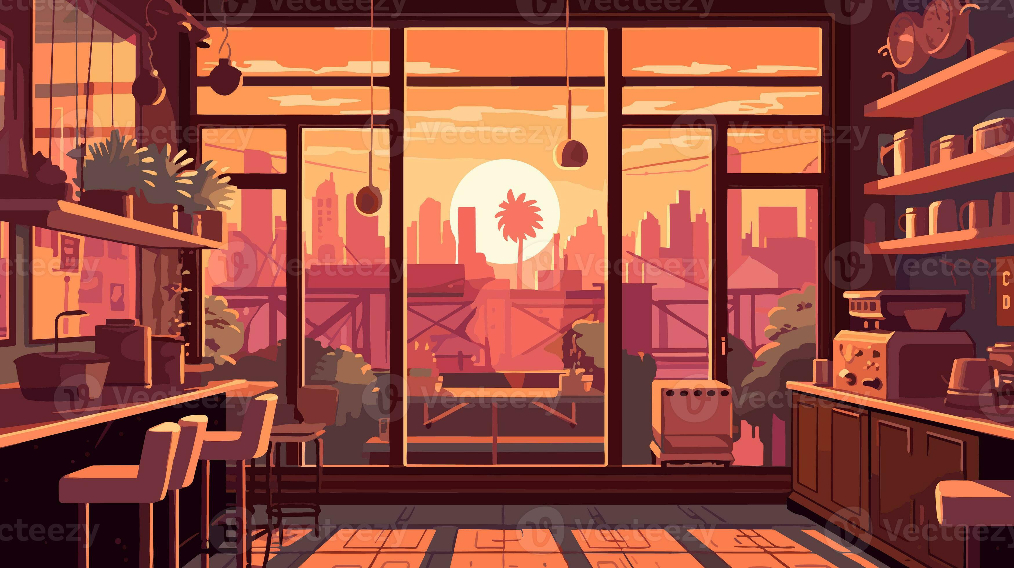3497x1960 coffee shop with large windows looking out into the groove lofi world