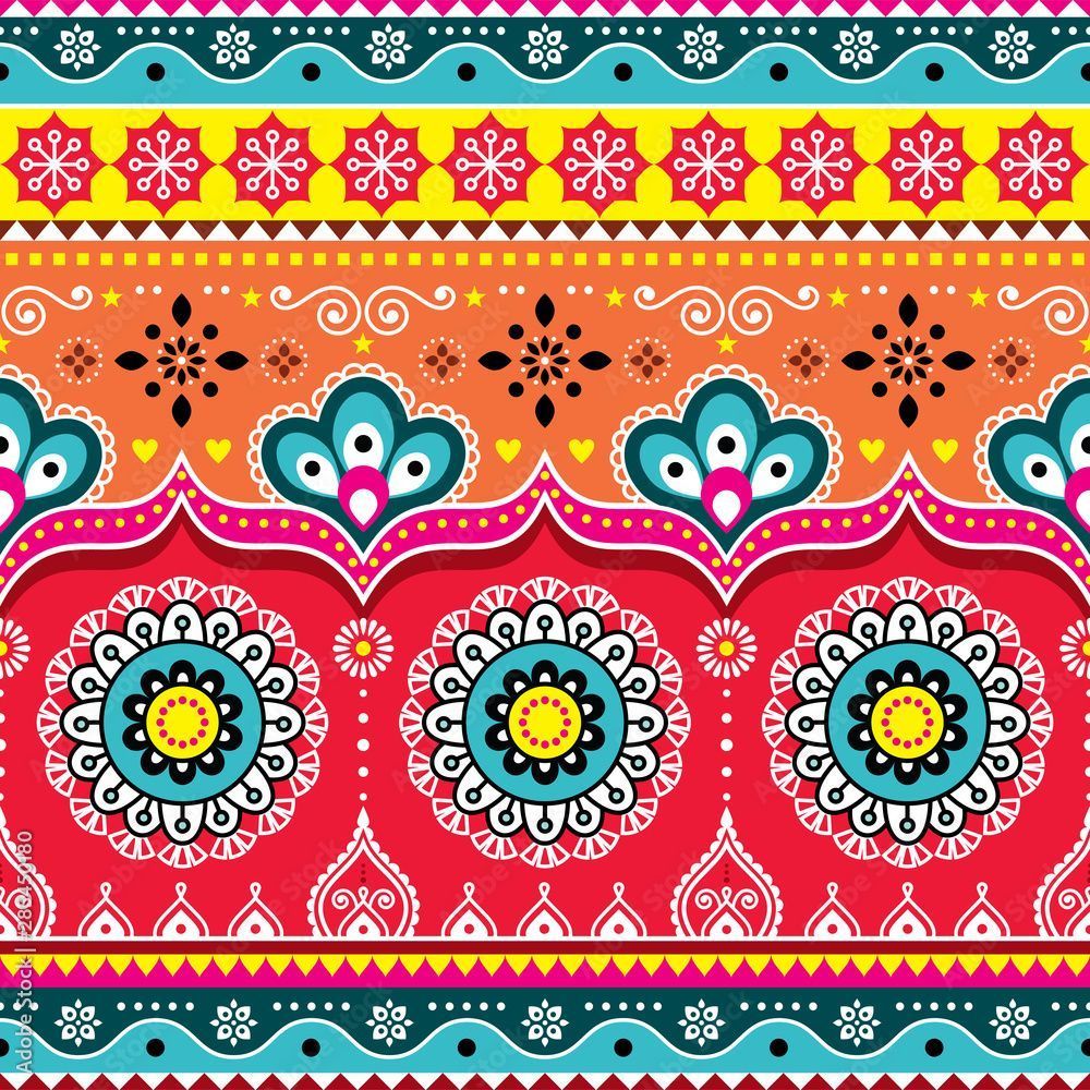 1000x1000 Pakistani or Indian truck art design, Jingle trucks seamless vector pattern, colorful floral repetitive decoration Stock Vector