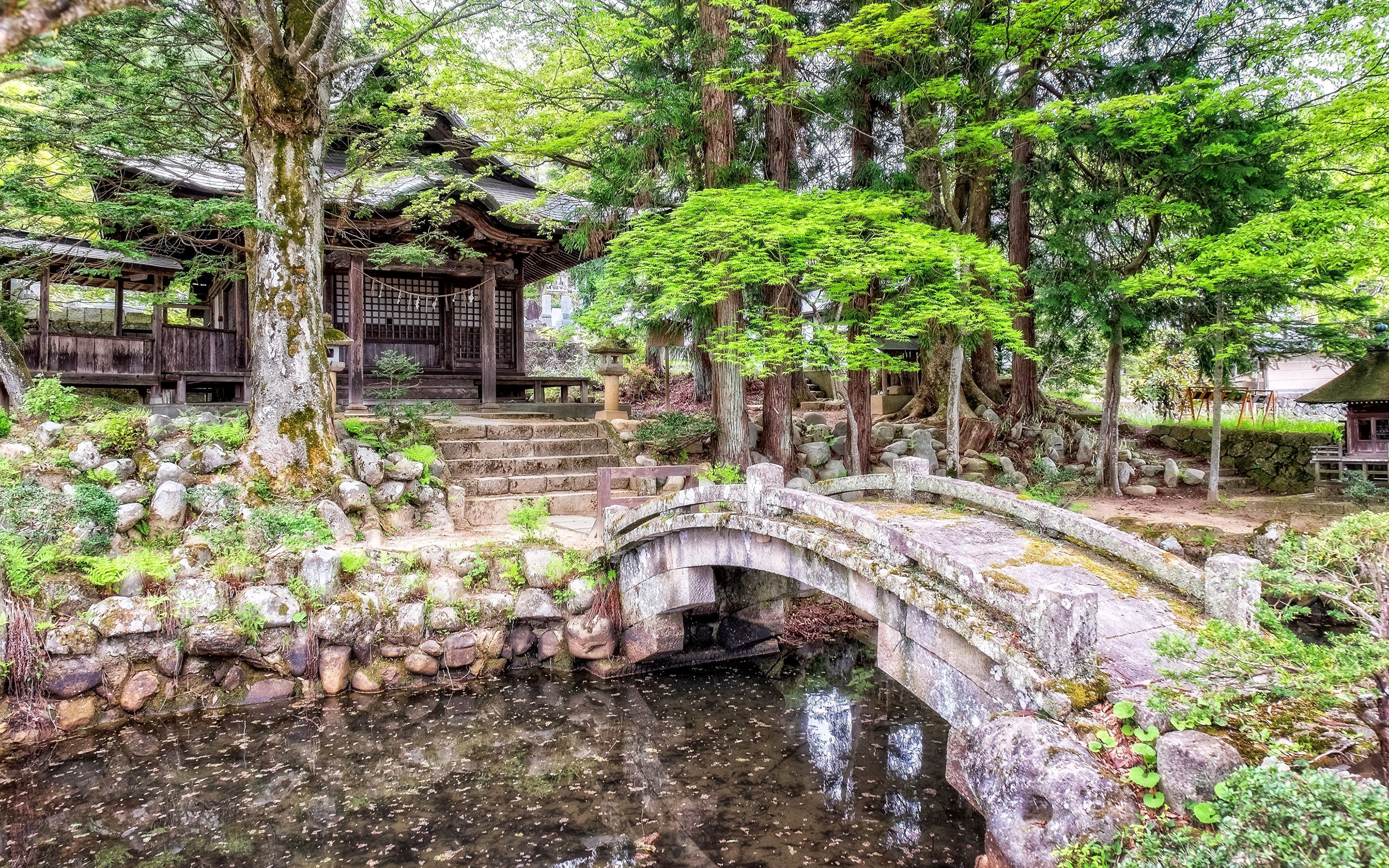 3840x2400 image Japan Takayama Nature Bridges Pond Parks Pagodas 3840x2400