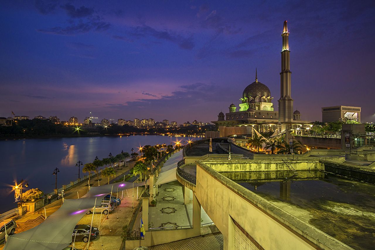 1280x853 Picture Malaysia Putrajaya Night Temples Street lights Houses Cities