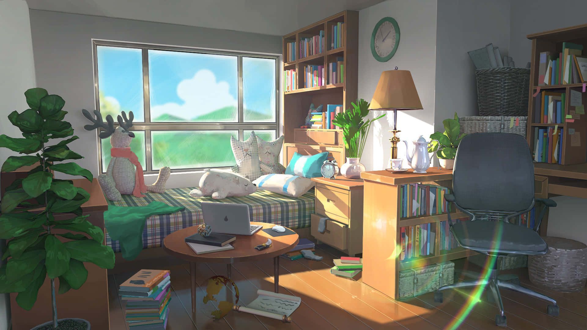 1920x1080 Download A Room With A Desk, Bookshelf, And Plants