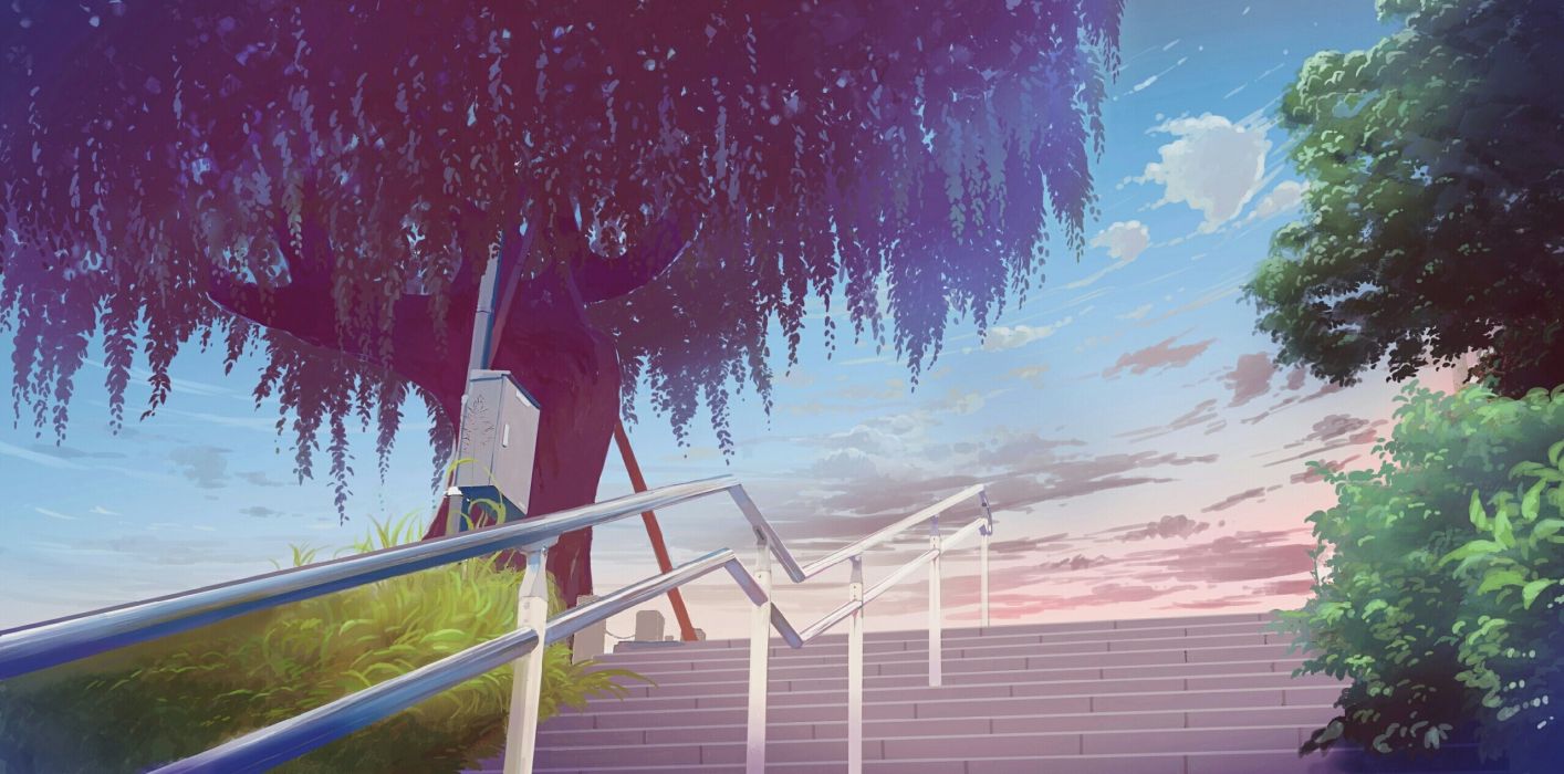 1414x700 Anime Landscape Stairs Tree Clouds Sky Plants wallpaperx1266