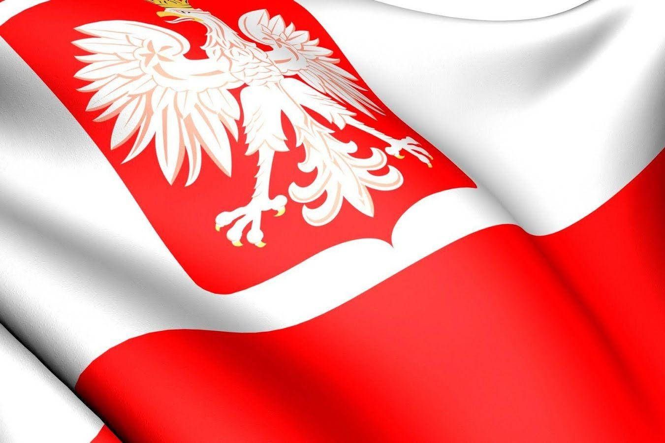 1351x900 Download The proud Polish flag fluttering in the wind against a clear blue sky. Wallpaper