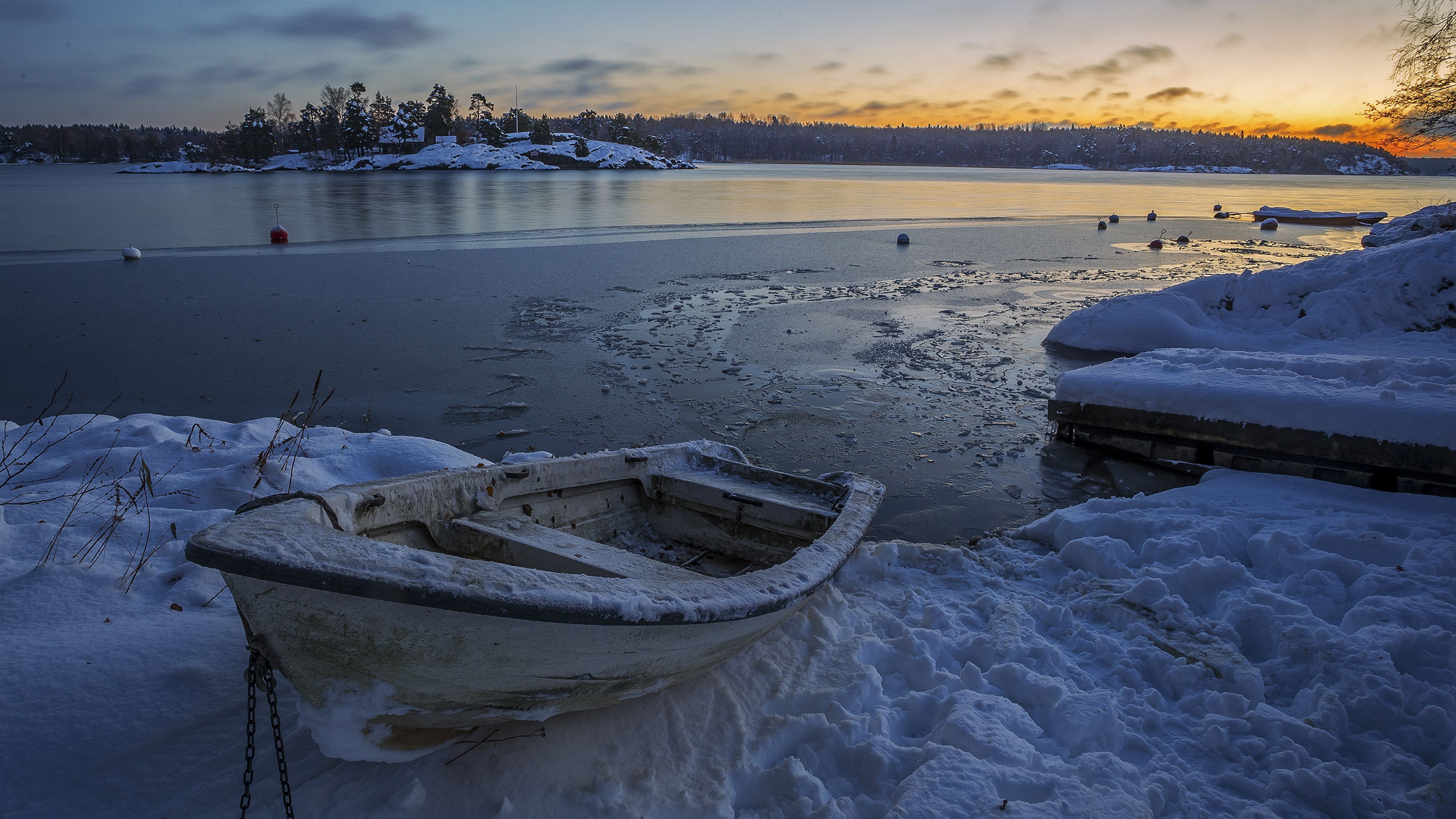 3840x2160 Wallpaper Sweden Winter Nature Snow Boats river Evening 3840x2160