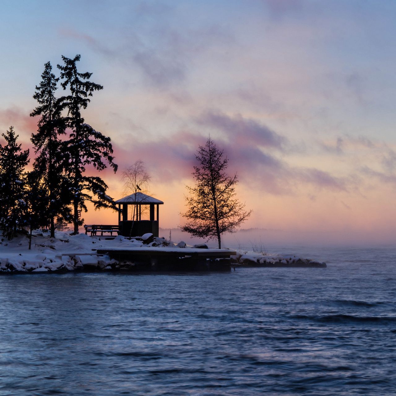 1280x1280 Download wallpaper 1280x1280 sweden, winter, bay, fog, dawn ipad, ipad ipad mini for parallax HD background