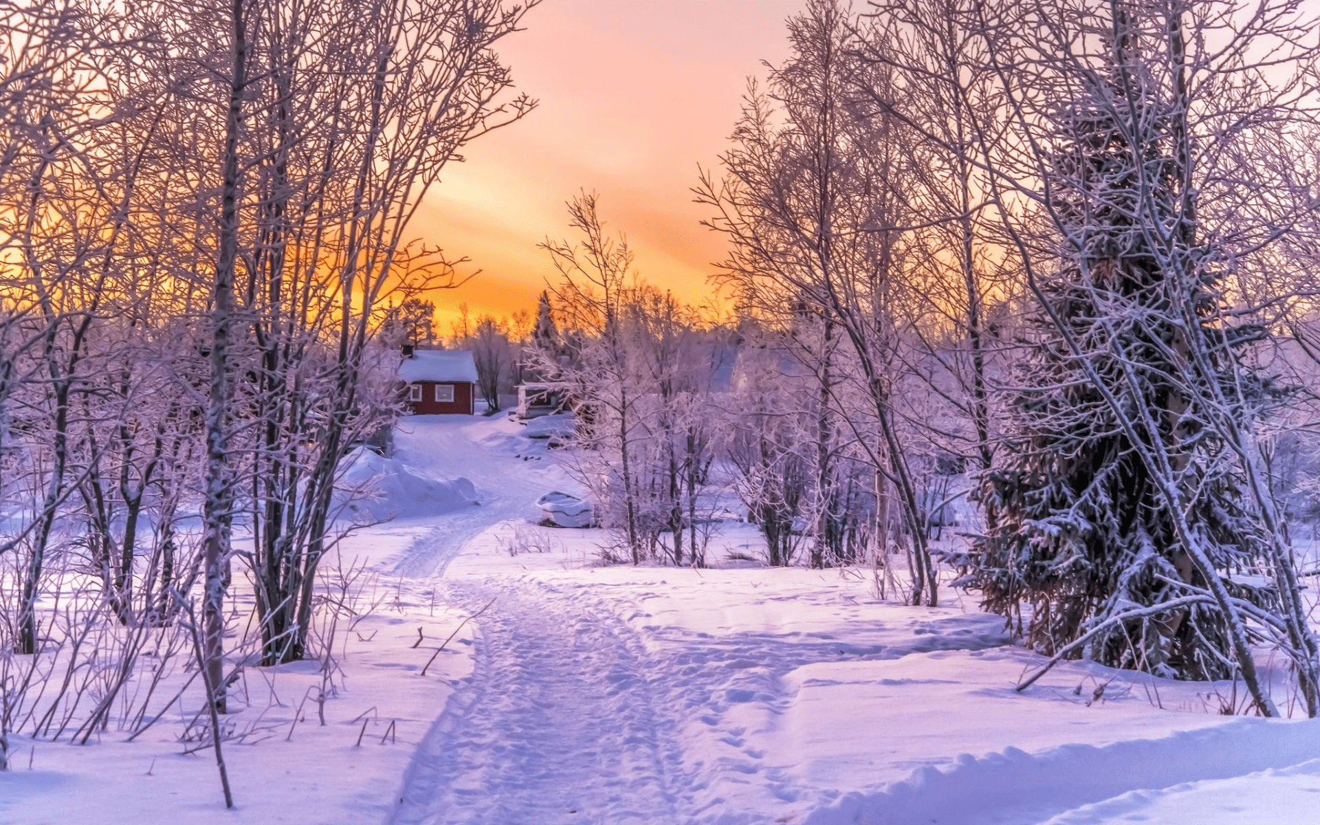 1920x1200 Download 1920x1200 kiruna, sweden, winter, nature, beautiful, path, sunset, snow, house Wallpaper