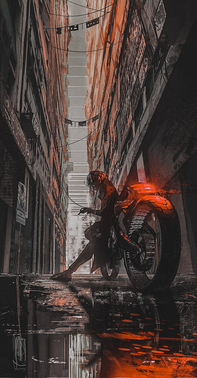 800x1538 Download Motorcycle In Alley Cyberpunk iPhone X Wallpaper