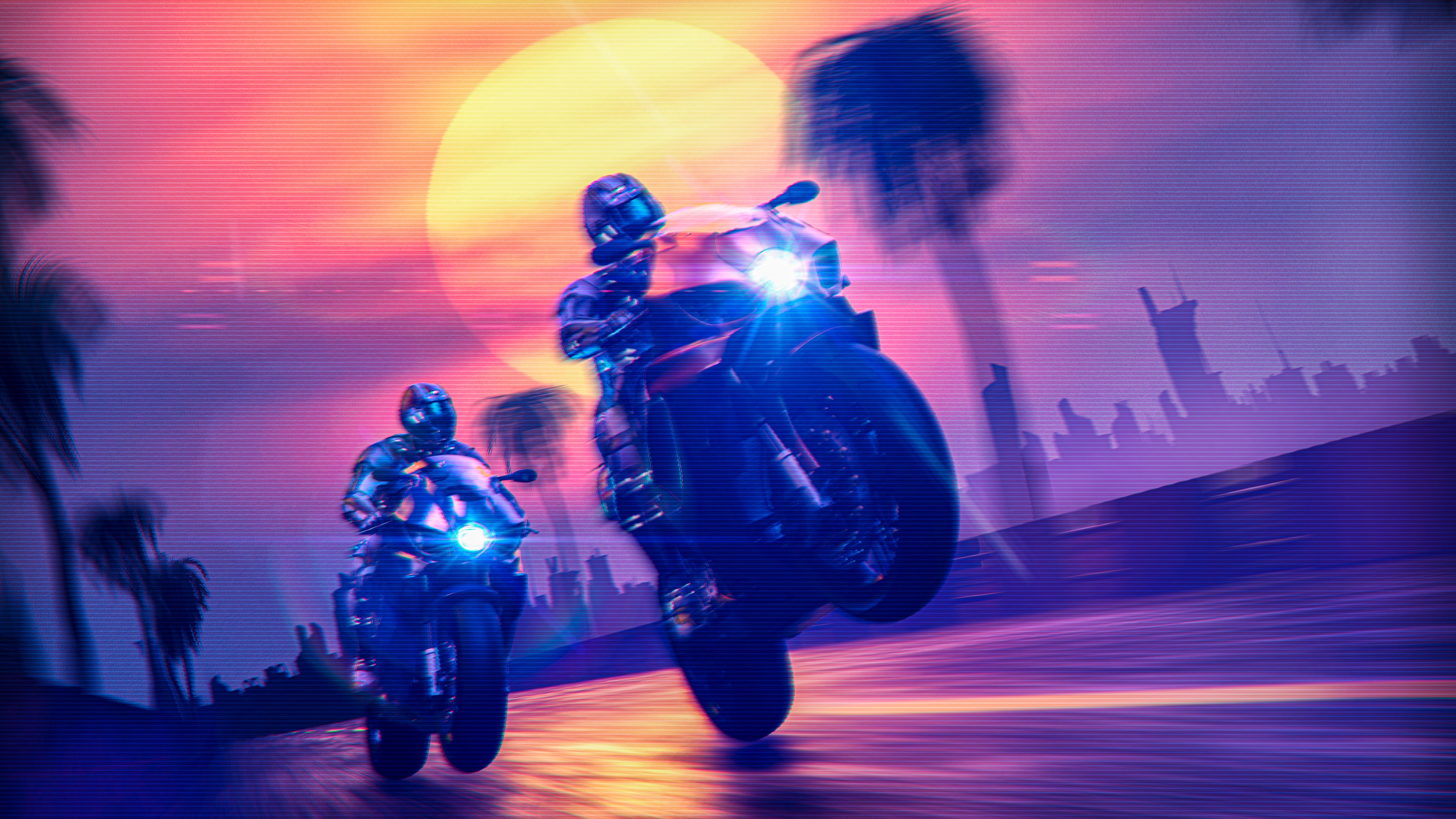 7000x3938 cyberpunk, motorcycle, glitch art, retro style, glowing, Sun, 1980s, science fiction, CGI, trees, sunset, colorful, futuristic, artwork, digital art, neon, road, lights, purple, city, streetx3938 Wallpaper