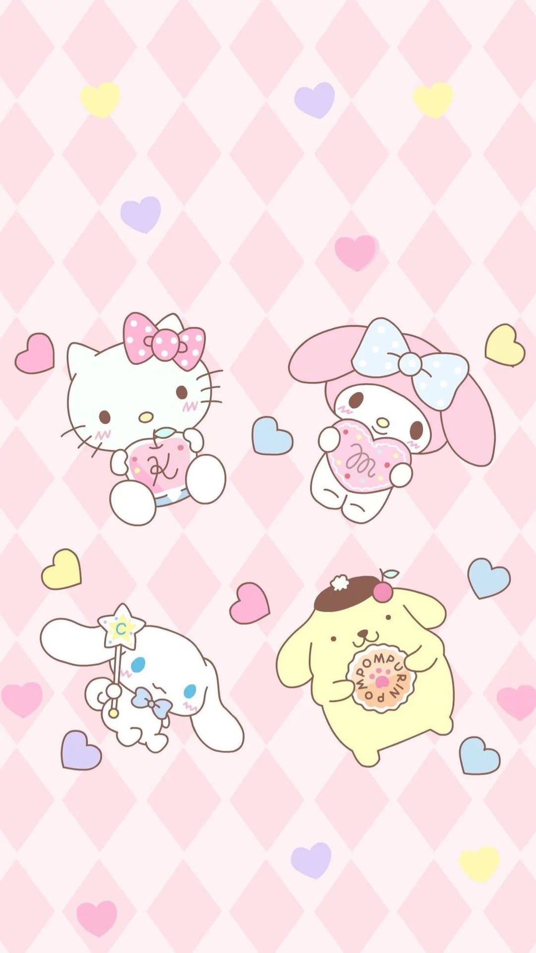 1081x1920 Download Pompompurin and Hello Kitty, Ready for a Kawaii Adventure! Wallpaper