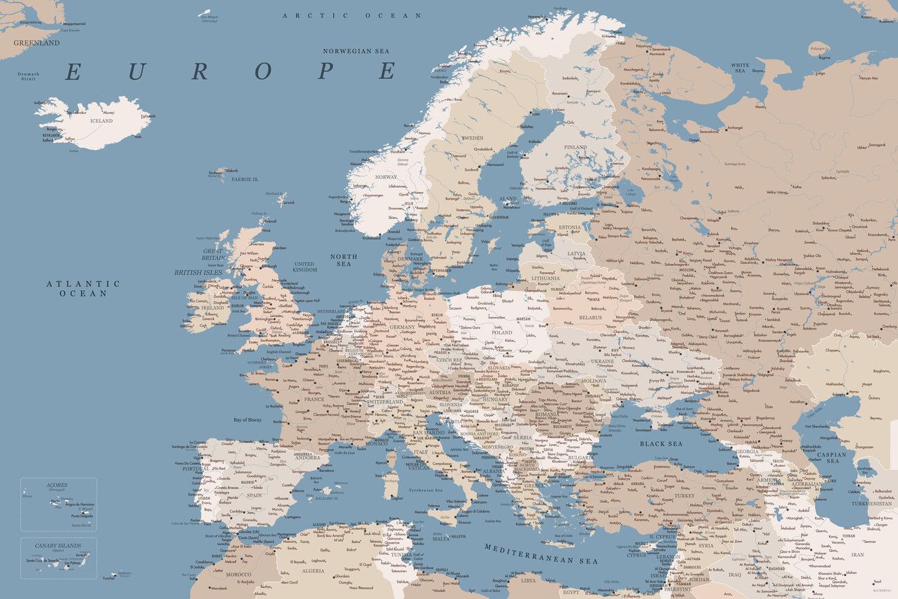 1300x867 Detailed map of Europe in blue and taupe Wall Mural
