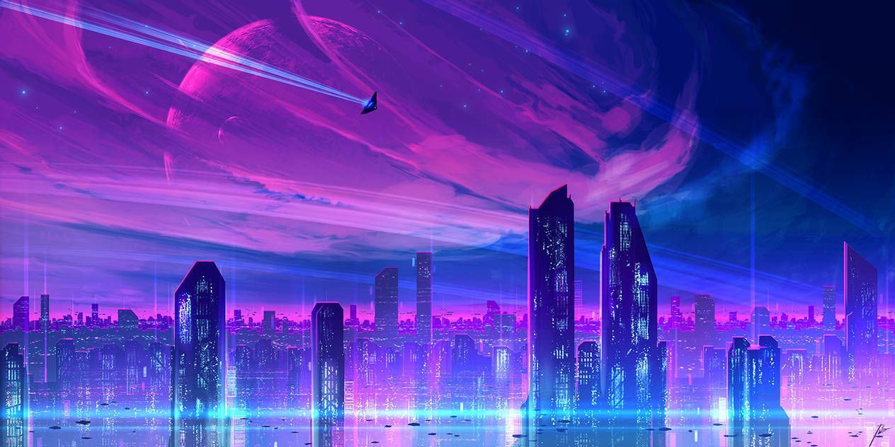 1264x632 Download Vapor Wave City Digital Art Wallpaper