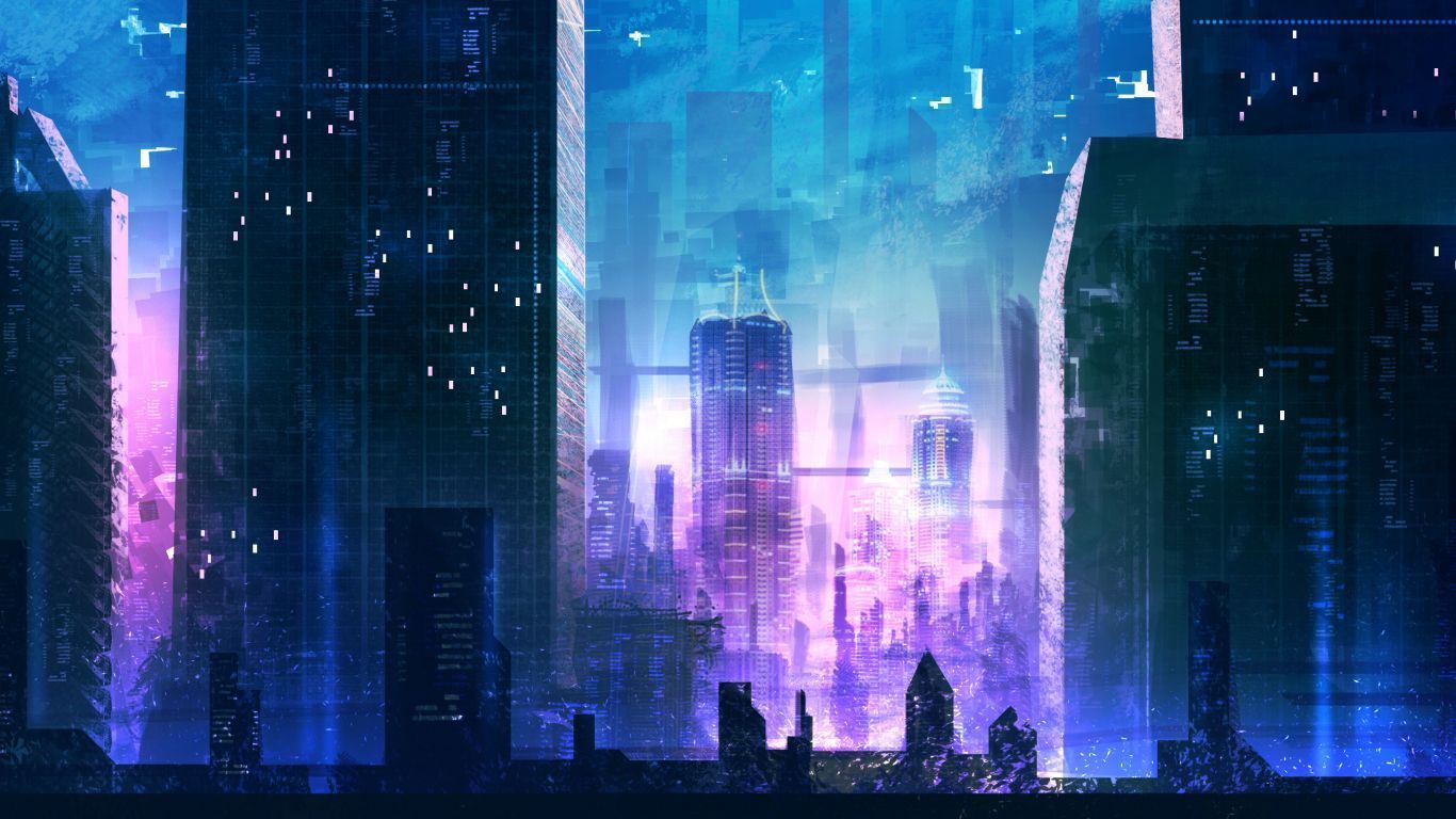 1366x768 Futuristic city buildings night digital art wallpaper