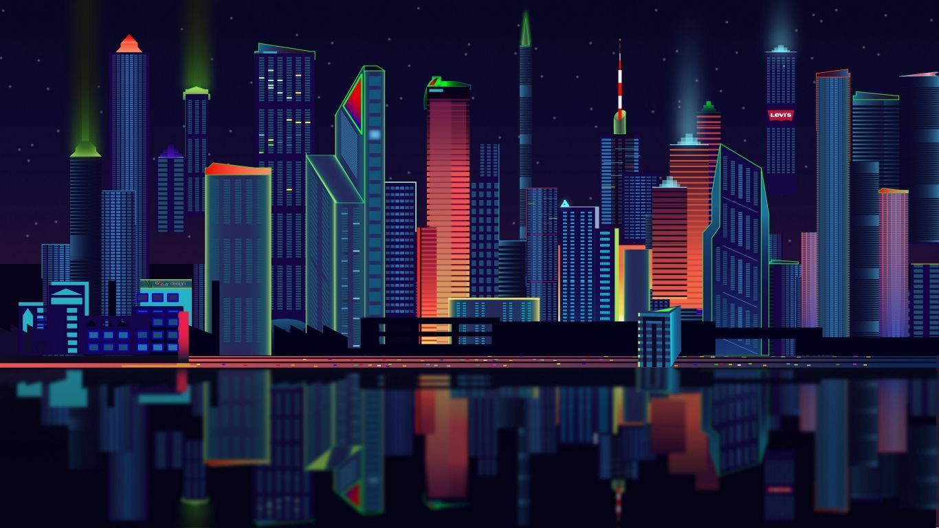 1366x768 Cityscape Night Buildings Digital Art Wallpaper Background