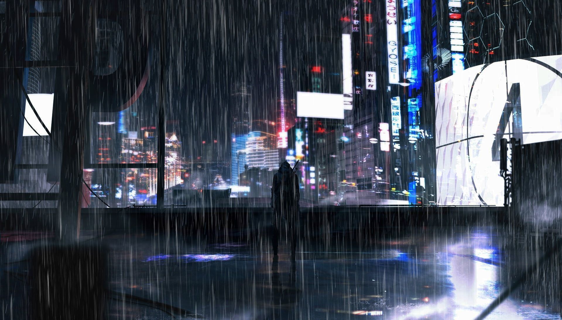 1920x1094 digital digital art #artwork #illustration #rain #night #city #cityscape #urban #building #architecture #lights. Futuristic city, Digital art, Digital wallpaper