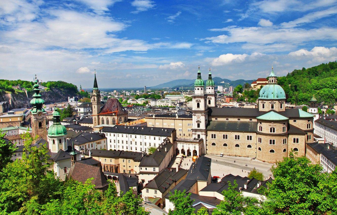 1332x850 Wallpaper greens, clouds, trees, the city, building, home, Austria
