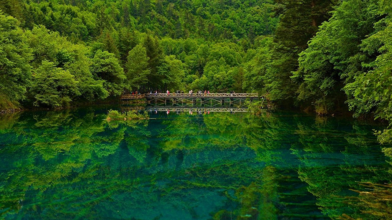 1280x719 Photos Jiuzhaigou park China Sichuan bridge Nature Lake Forests