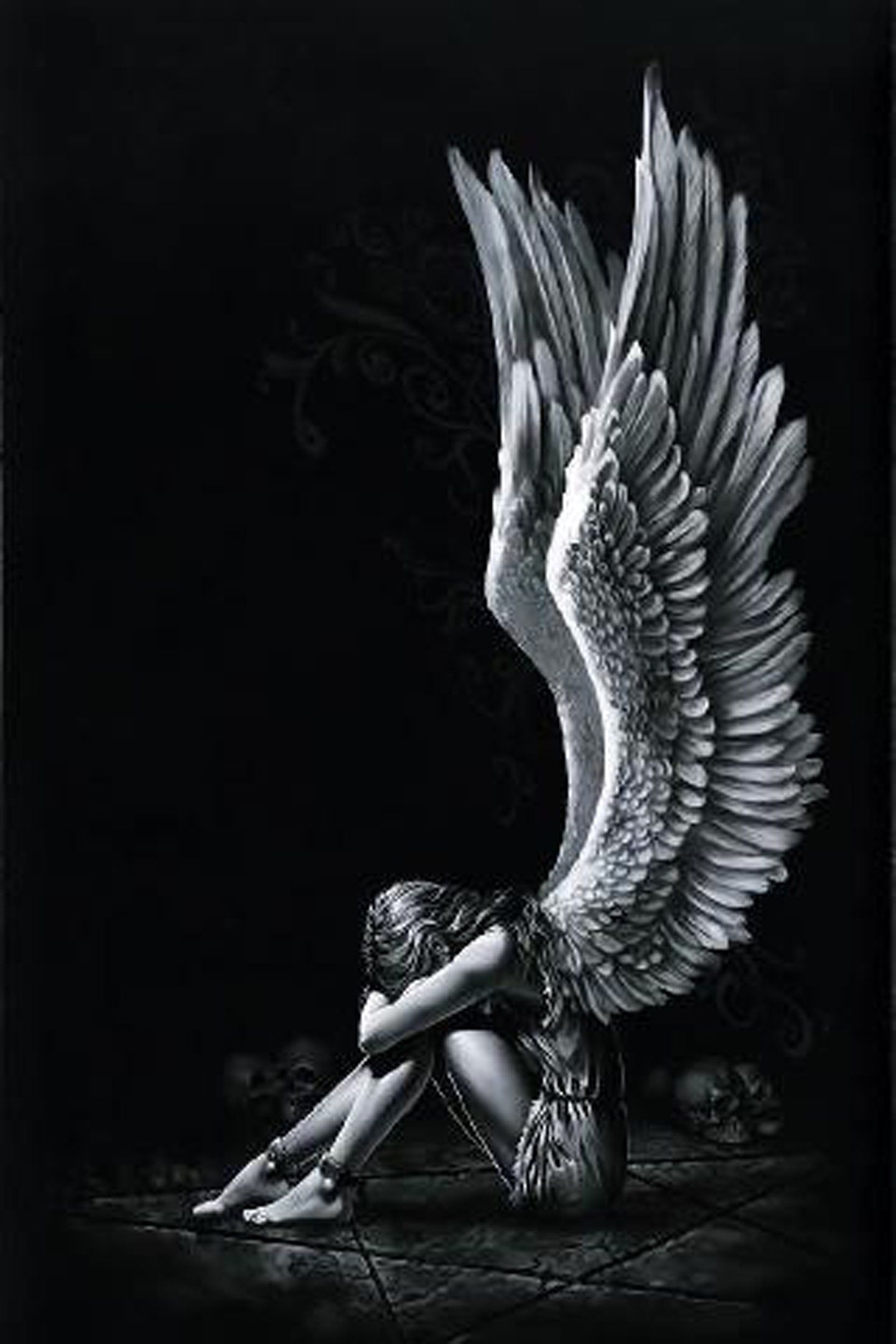 1440x2160 Angel girl wings fantasy alone light black white wallpaperx2160
