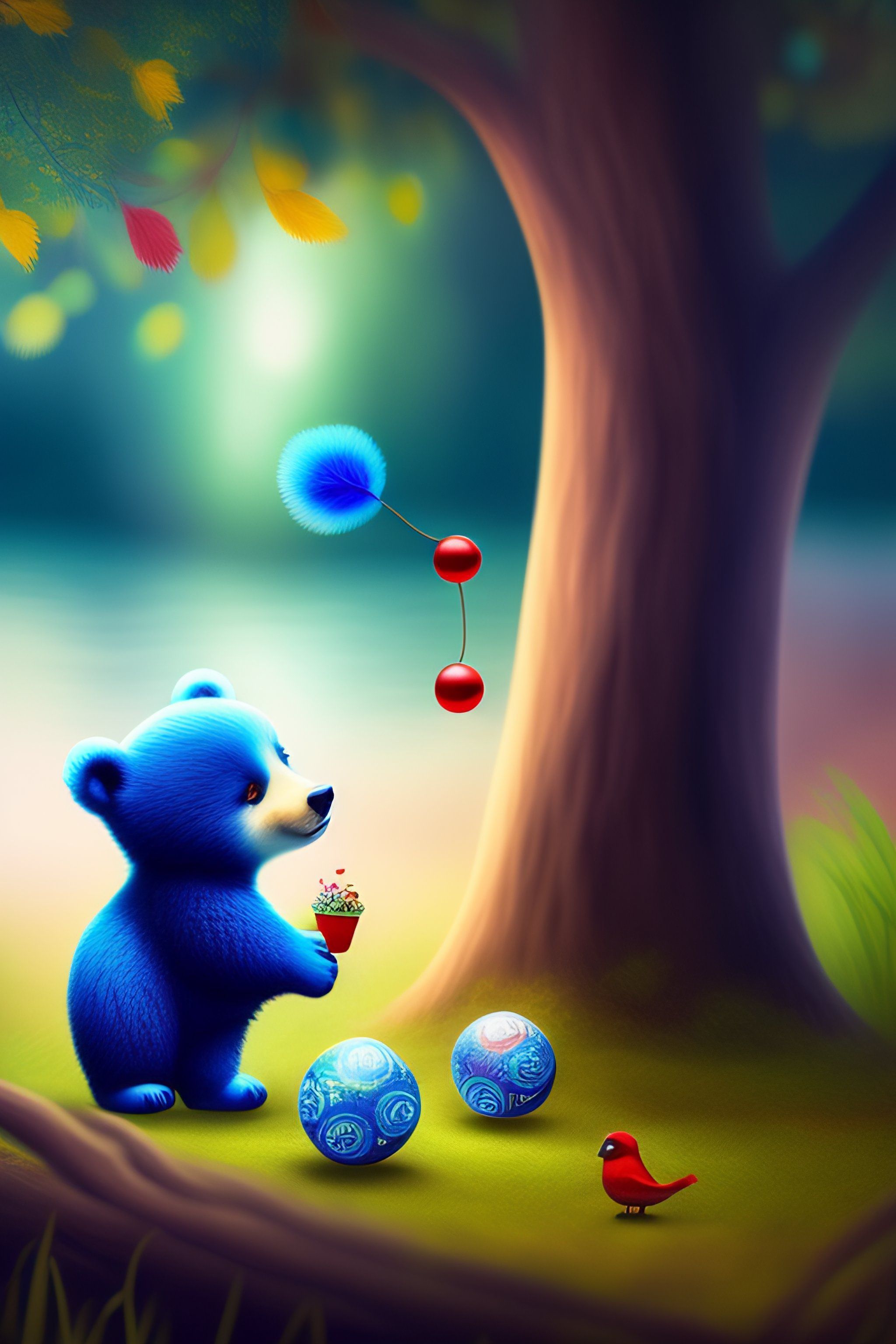 2048x3072 Lexica bear with a smile, big eyes, under a tree, near a river and a little red bird with blue feathers playing with a ball, the tree with w