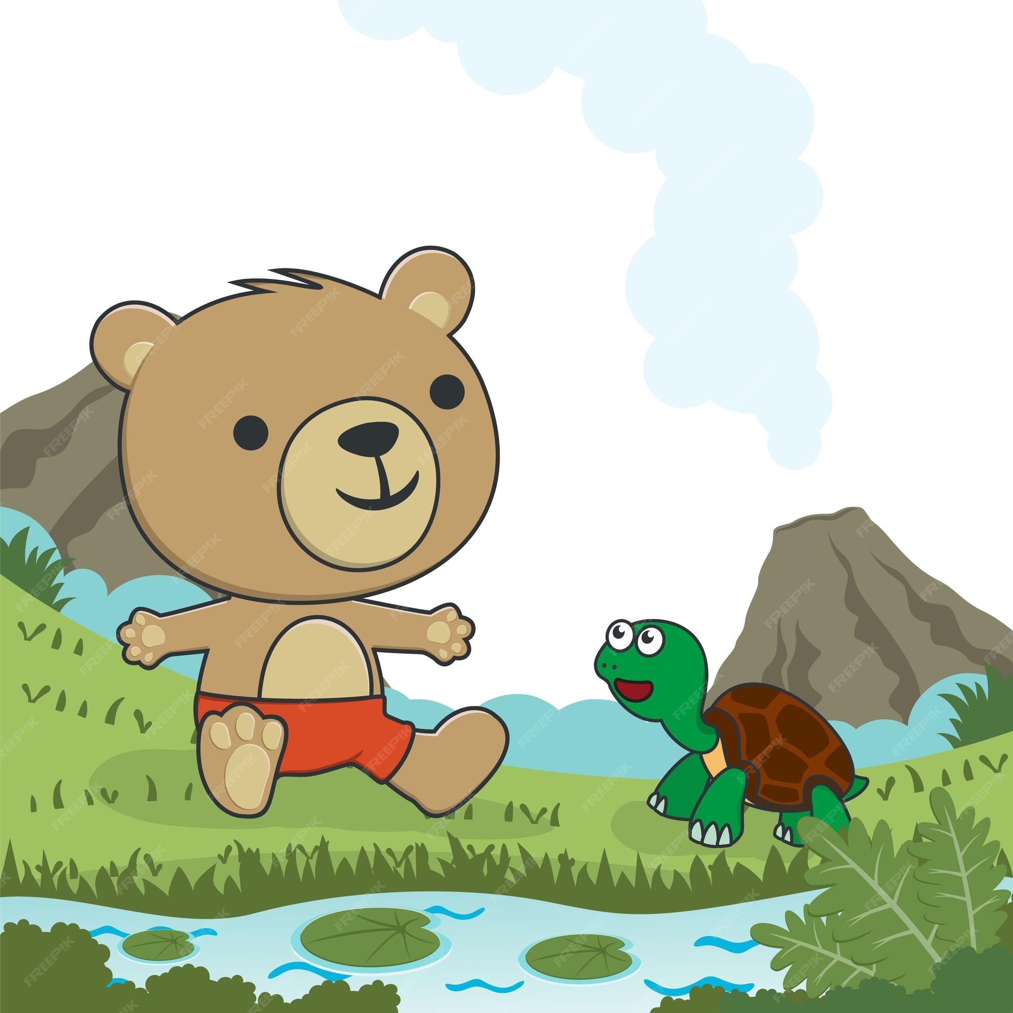 2000x2000 Premium Vector. Cute little bear and little turtle play around swamp funny kid graphic illustration tshirt design for children creative vector childish background for wallpaper poster and other decoration