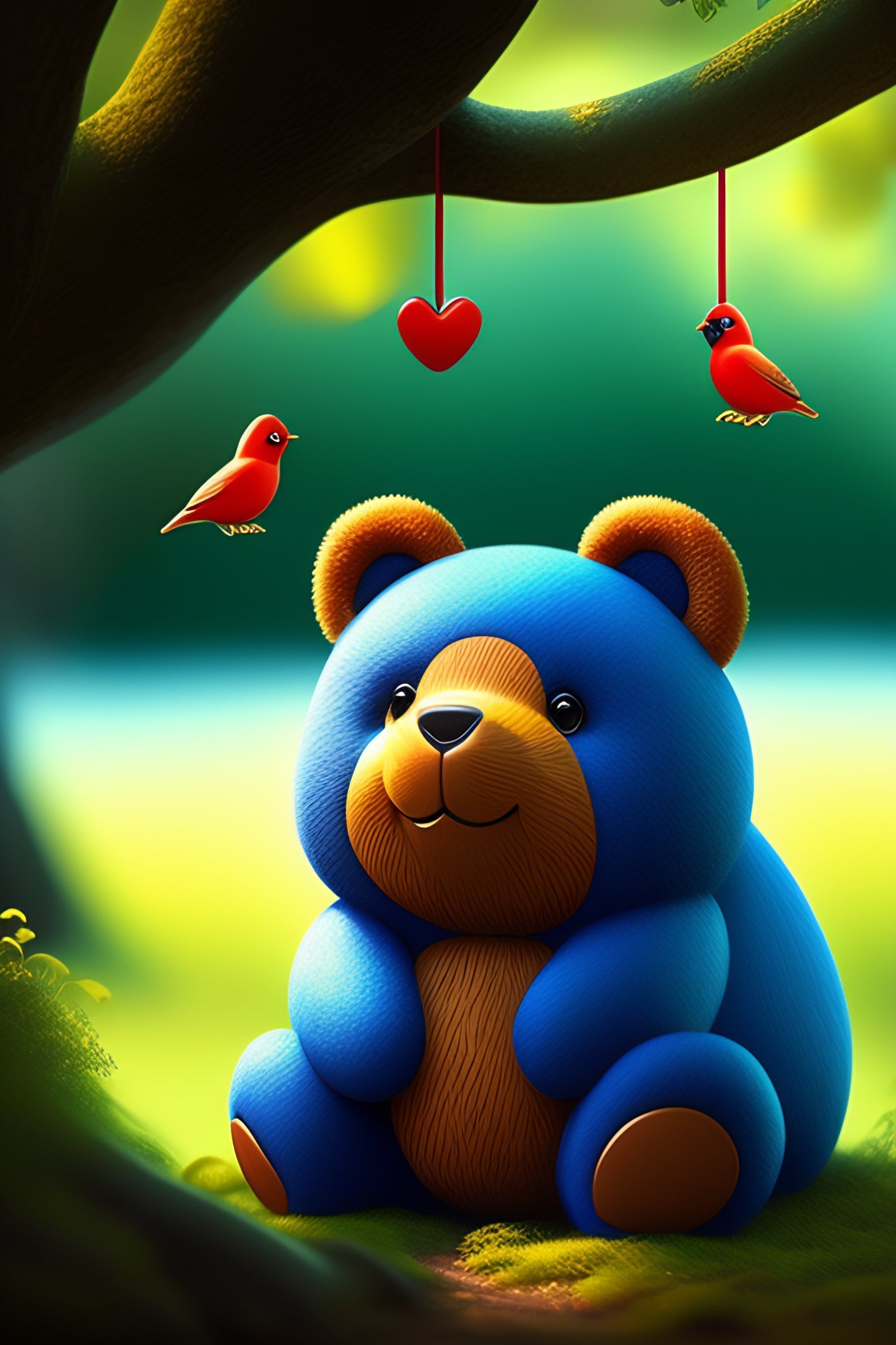 2048x3072 Lexica bear with a smile, big eyes, under a tree, near a river and a little red bird with blue feathers