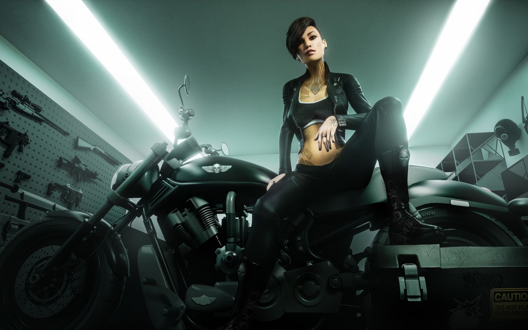 1680x1050 Download wallpaper pose, weapons, woman, motorcycle, tattoo, badass girl, section rendering in resolution 1680x1050