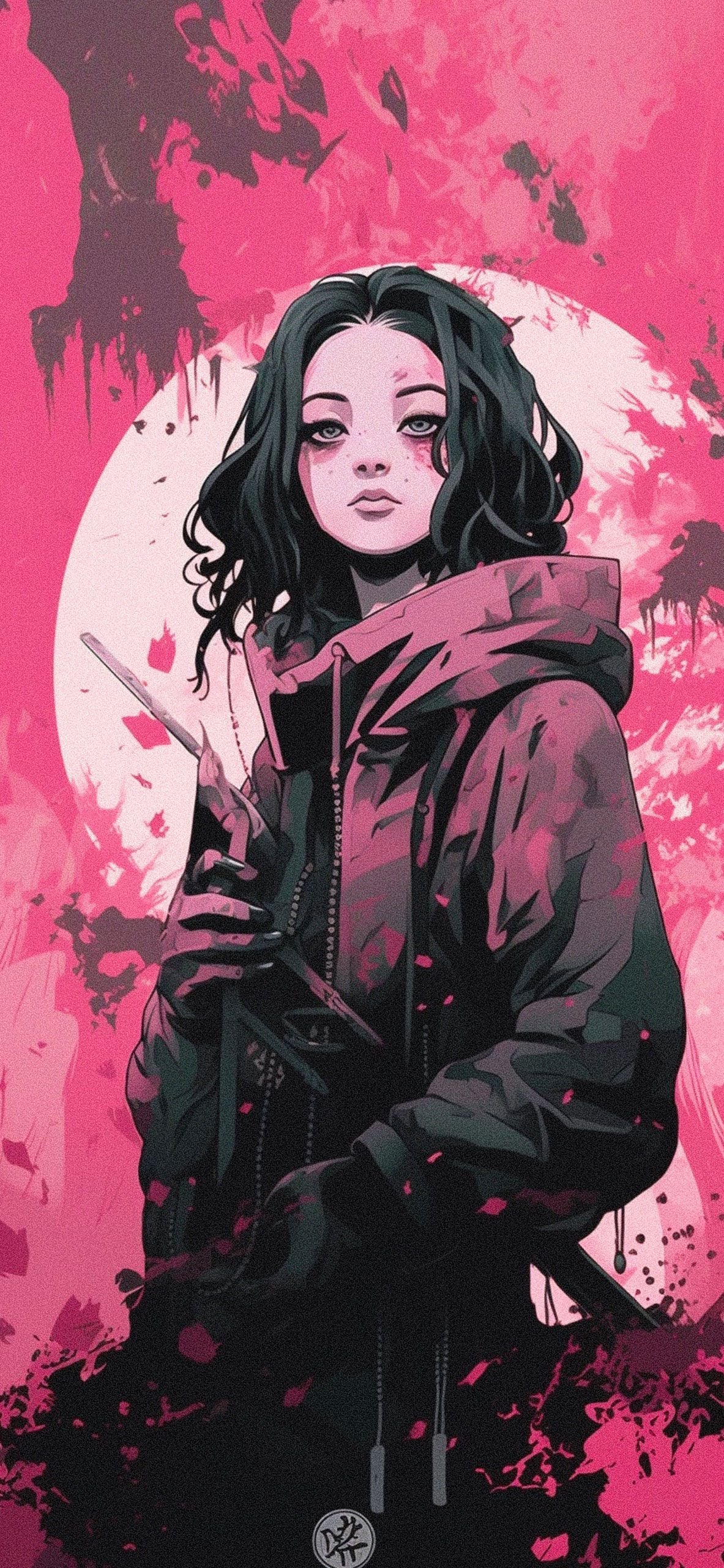 1183x2560 Deadpan Anime Girl with Katana Pink Wallpaper