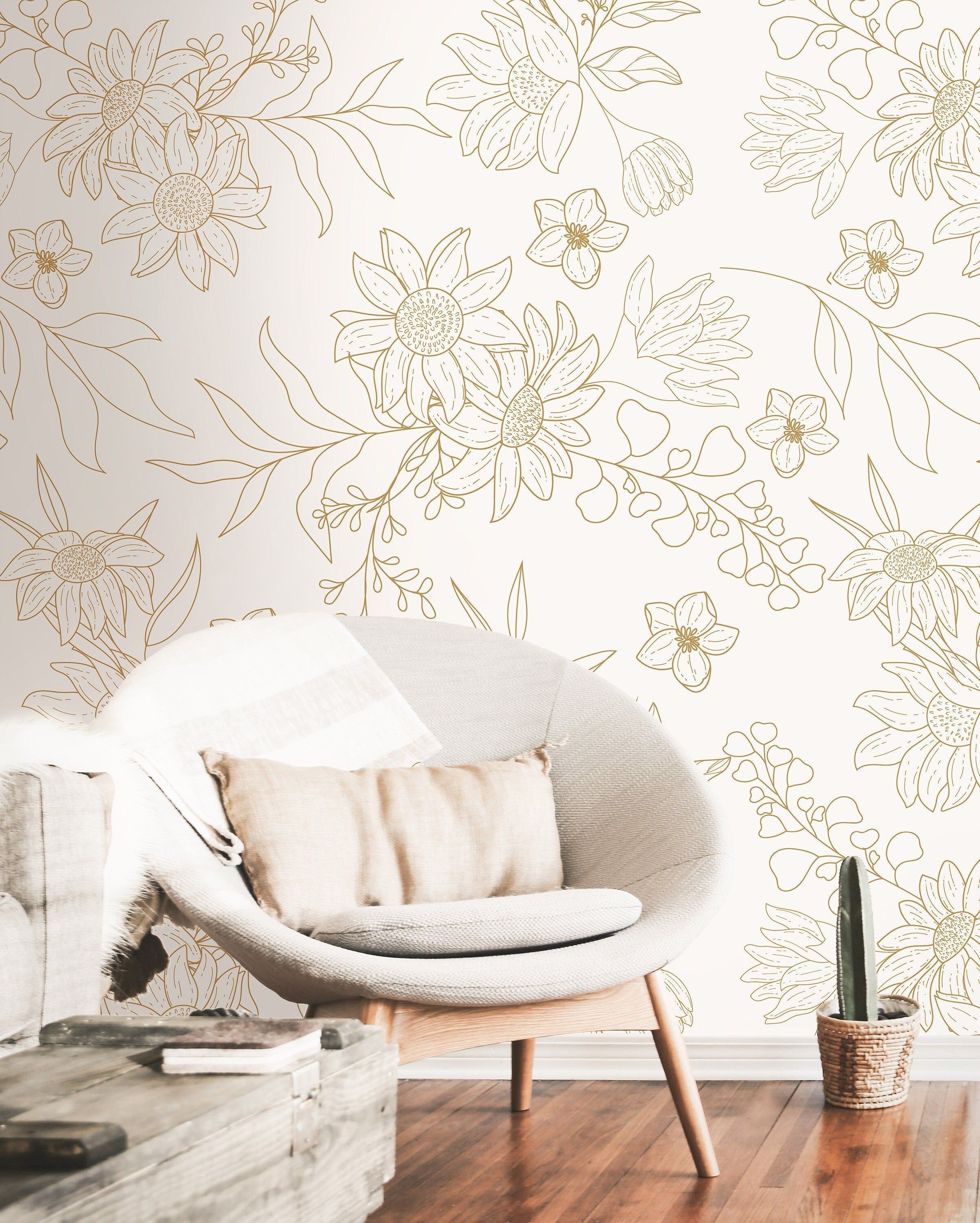 2405x3000 Wallpaper Peel and Stick Wallpaper Cream Floral Outline Minimalist Removable Wallpaper Wall Decor Home Decor Wall Art Room Decor 45 JamesAndColors