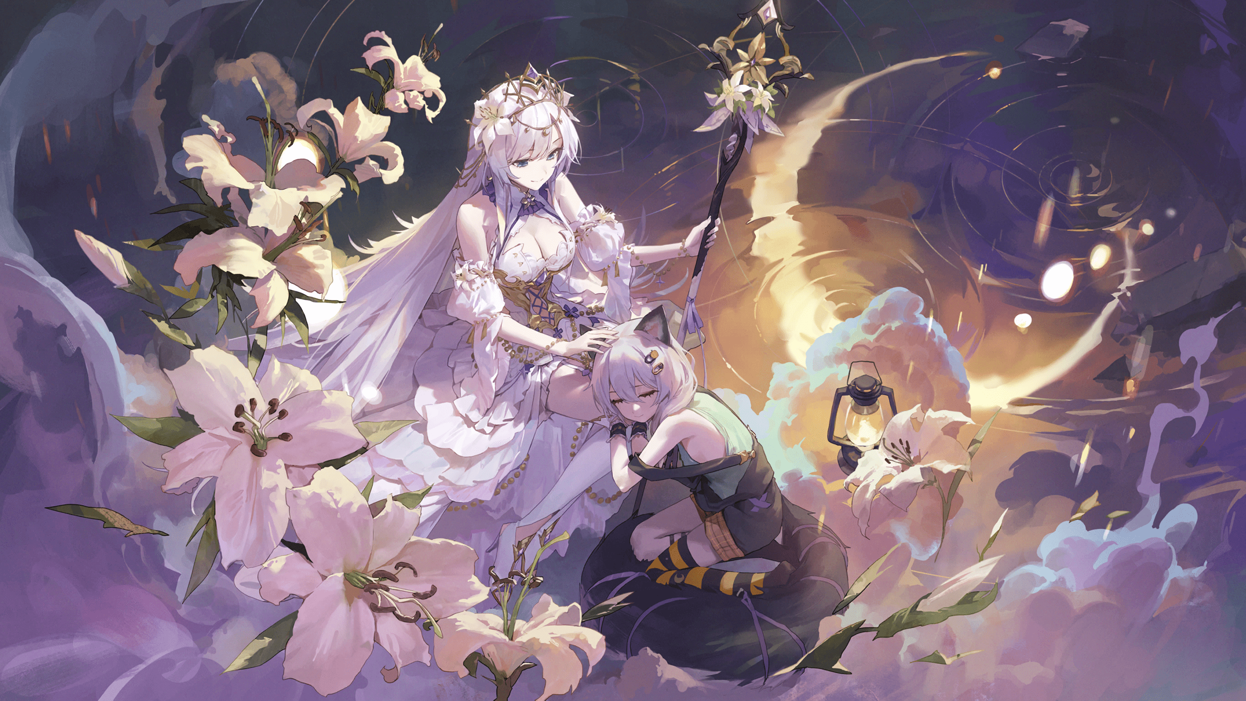 2560x1440 benghuai xueyuan honkai impact cecilia schariac theresa apocalypse animal ears dress heels no bra stockings tagme thighhighs wallpaper wet clothes