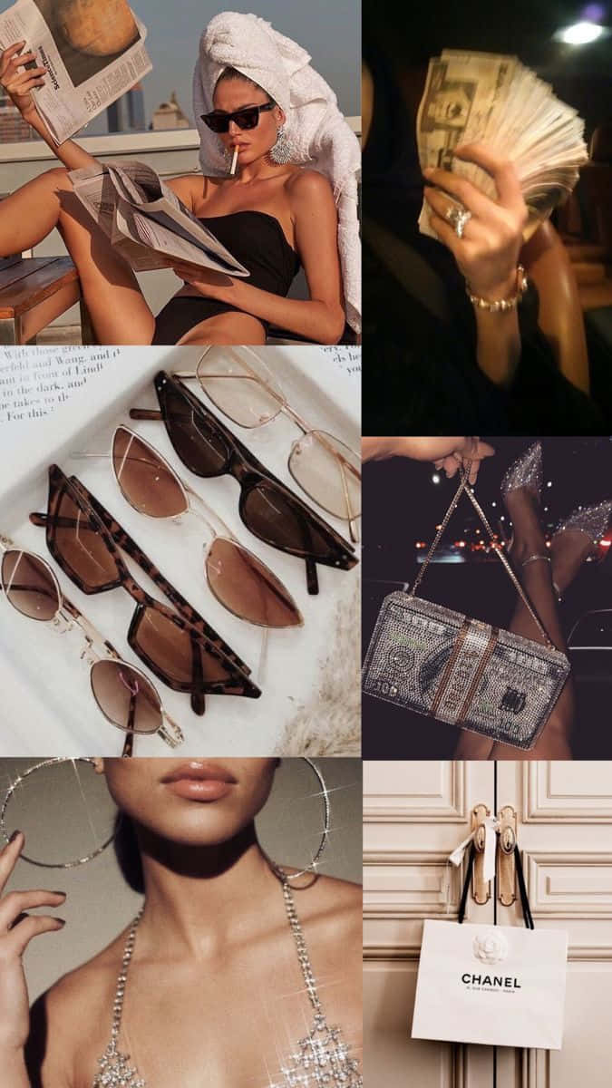 675x1200 Download A Collage Of Picture Of A Woman With Money And Sunglasses Wallpaper