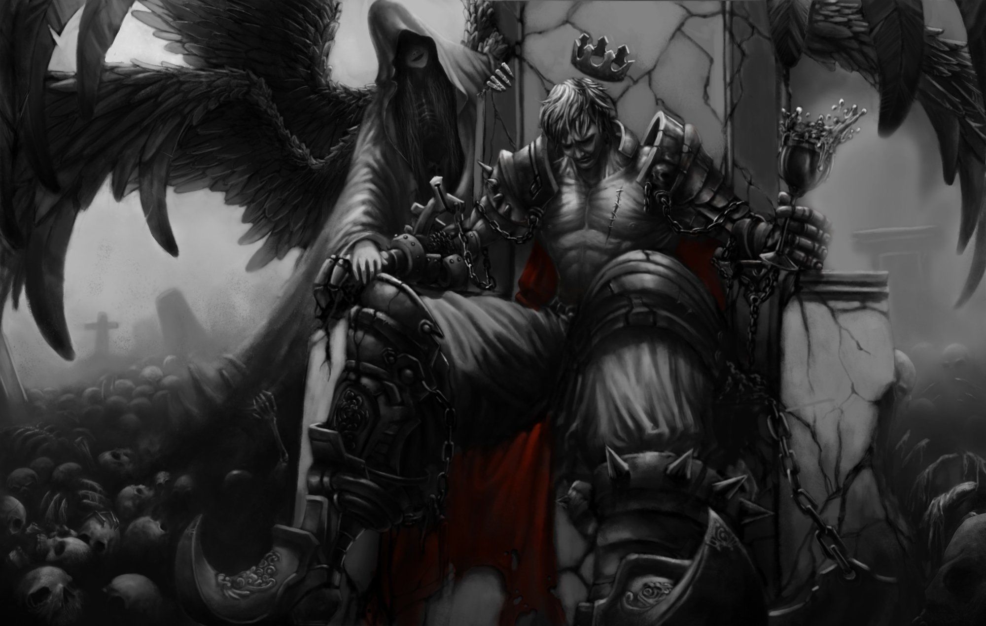 2000x1270 Art wings King wineglass Lich girl throne crown cape Skull wallpaperx1270