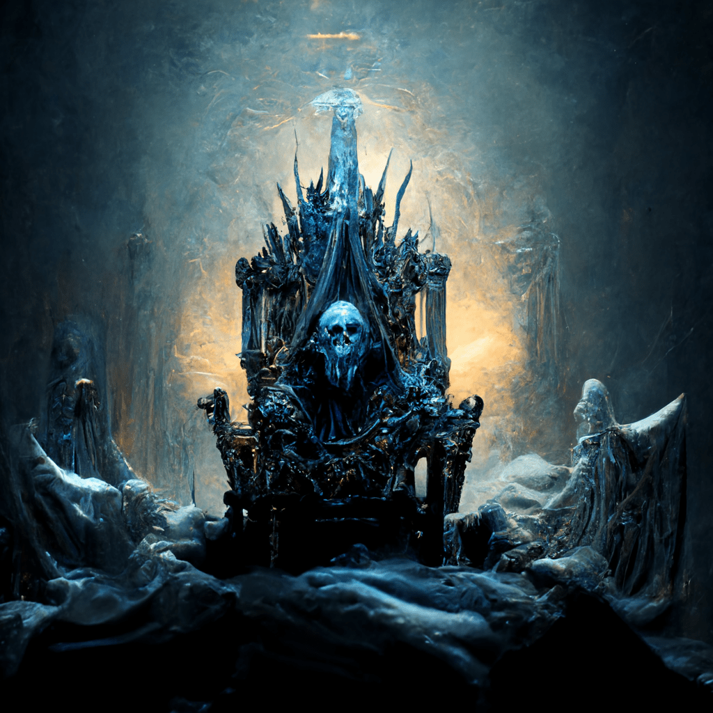 1024x1024 prompthunt: horrible lich king on throne hyper detail, concept art, dramatic light, volumetric light, photorealistic, extremely detailed, album cover