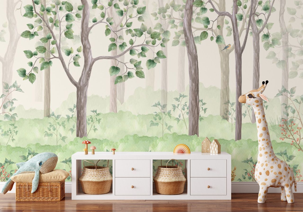 1280x896 Watercolor Birch Tree Forest Peel and Stick Wallpaper Self Adhesive Nursery Décor Fabric Woodland Animals Decal Sizes Mural