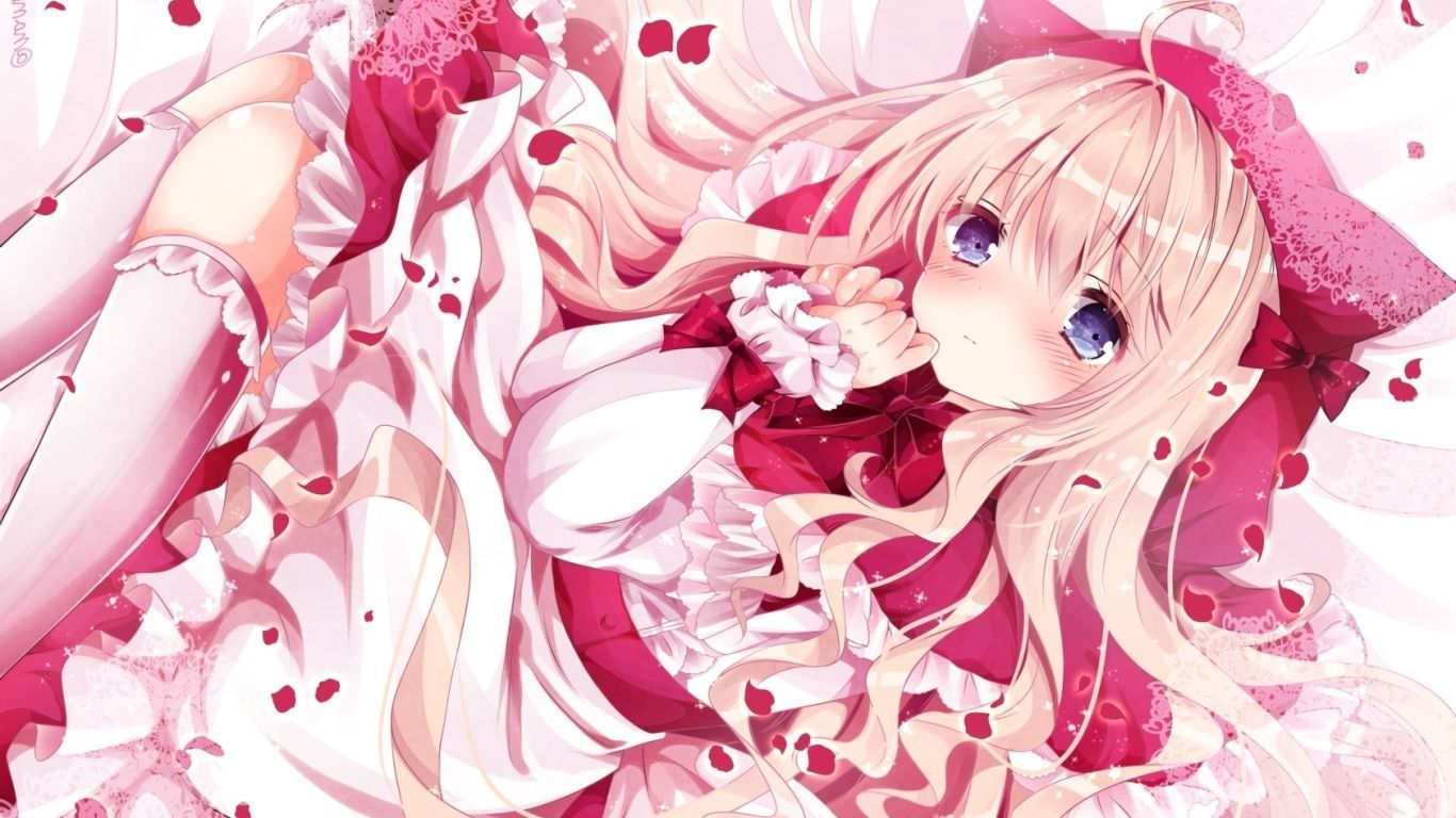 1366x768 Wallpaper Anime Girl, Shy Expression, Lying Down, Pink Hair, Dress:1684x1190