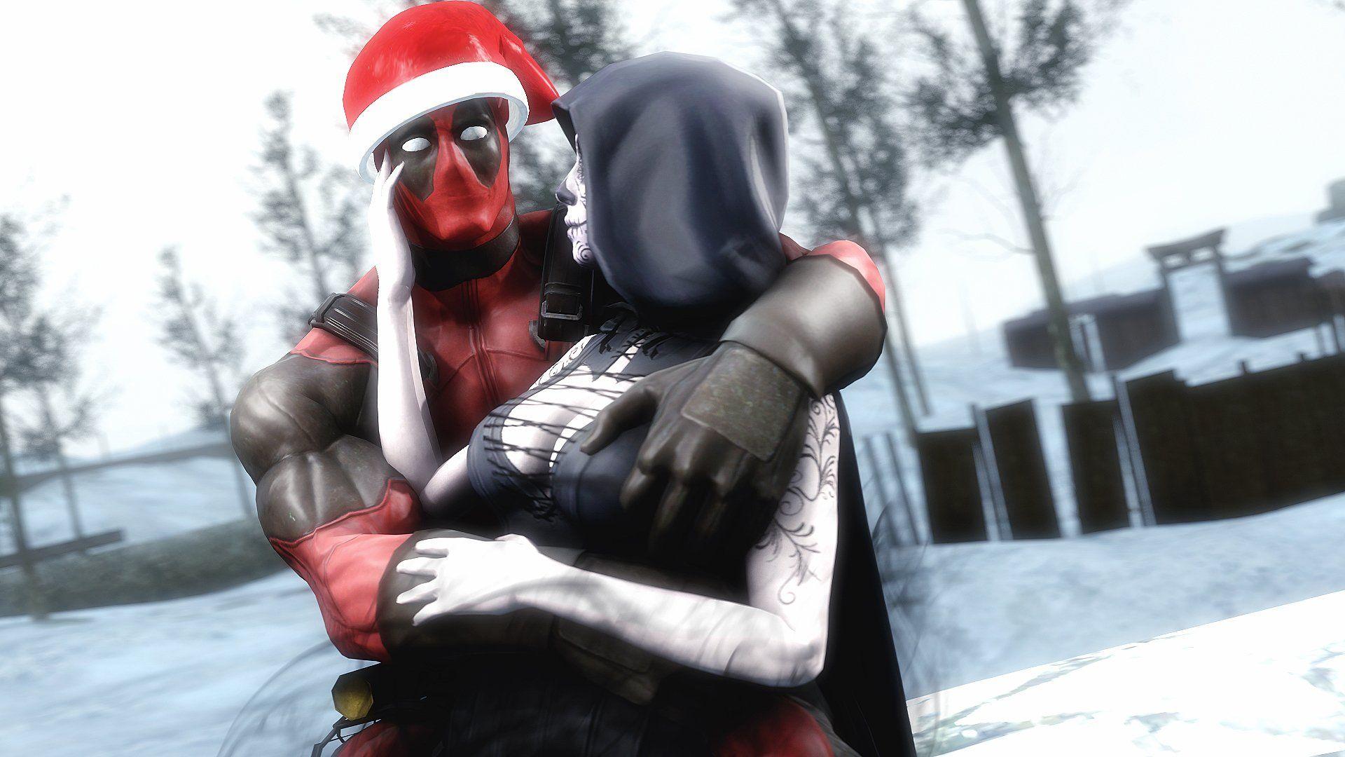 1920x1080 Heroes comics Winter hat Hood headgear Two Hug deadpool comics