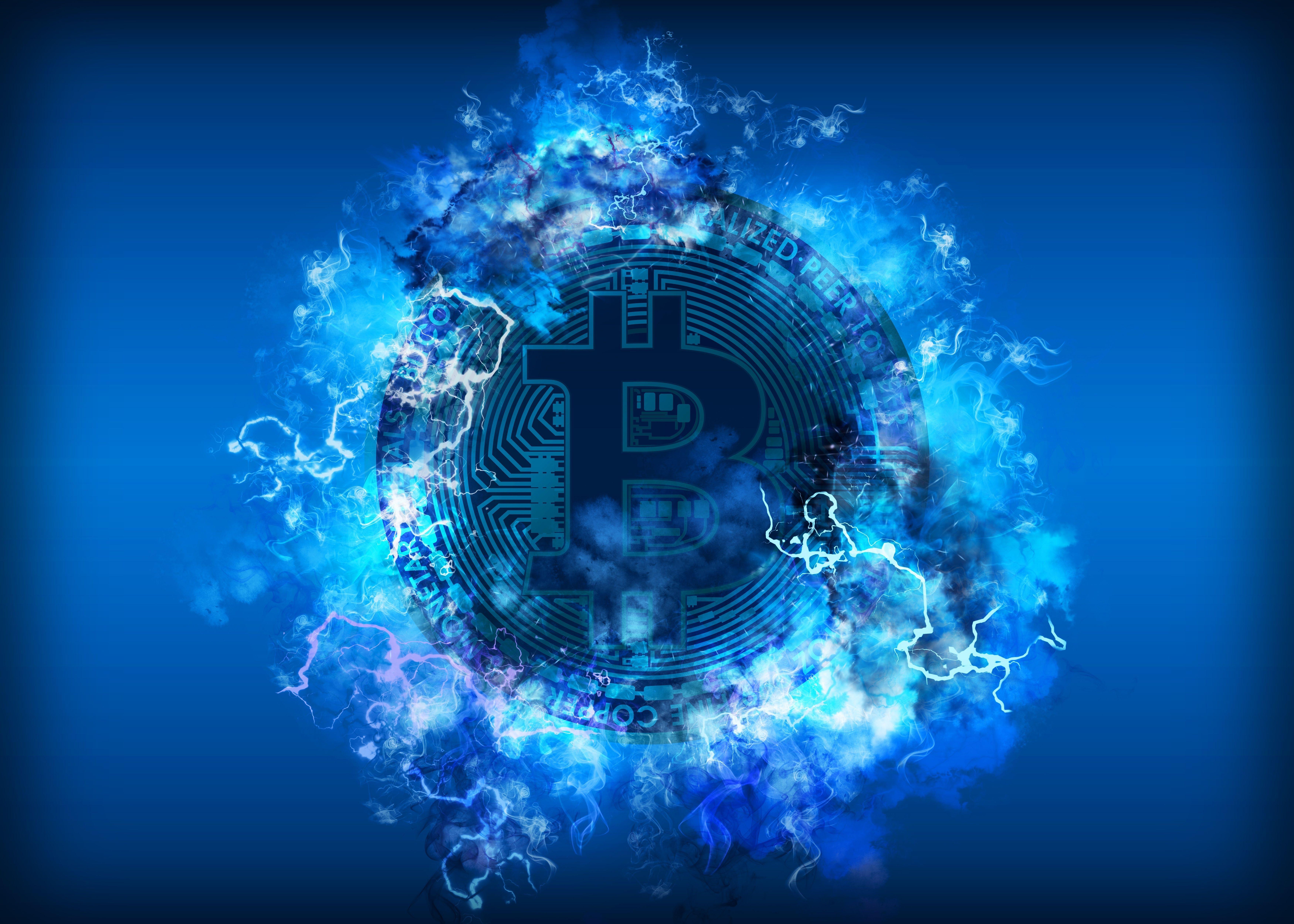 7000x5000 Coin bitcoin with lightning bolts on a blue background wallpaper