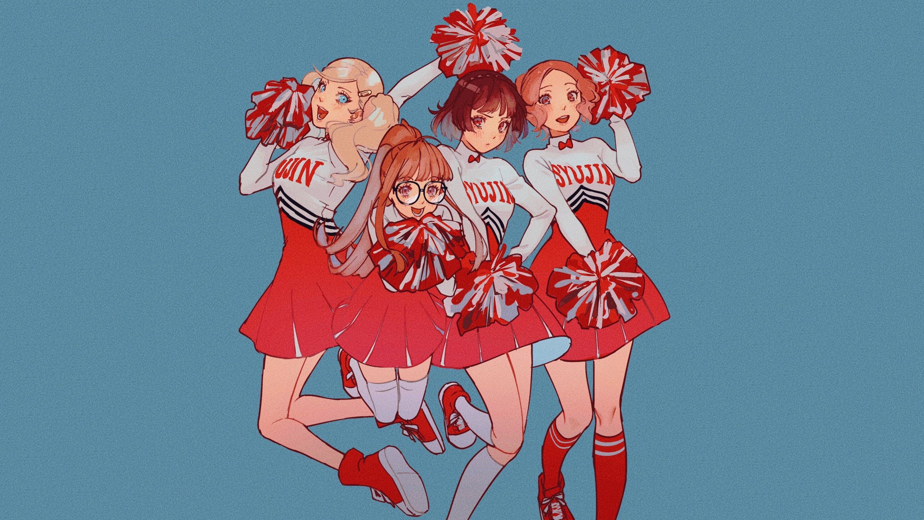 2959x1665 Sageo Yn, Looking At Viewer, Long Hair, Blonde, Redhead, Cheerleaders, Persona Ann Takamaki, Sakura Futaba, Haru Okumura, Makoto Niijima, Anime, Anime Girls, Digital Art, Simple Background, Twintails, Dress, Thigh Highs, Glasses
