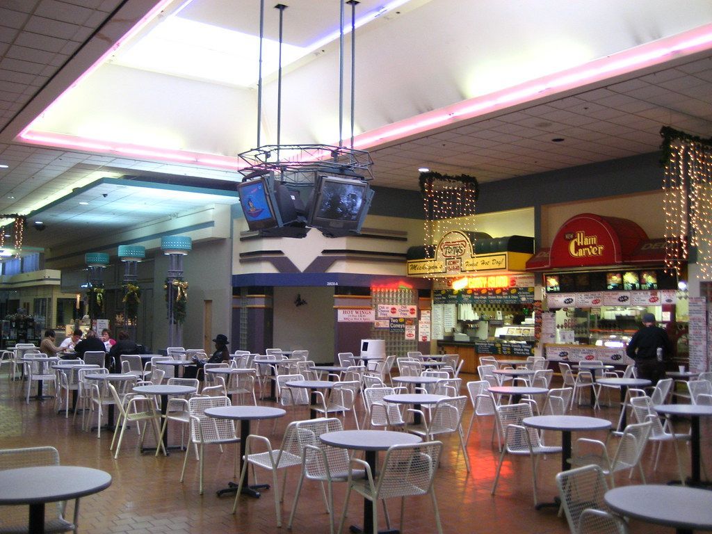 1024x768 Retro Food Court. Early 1990s style, complete with TVs
