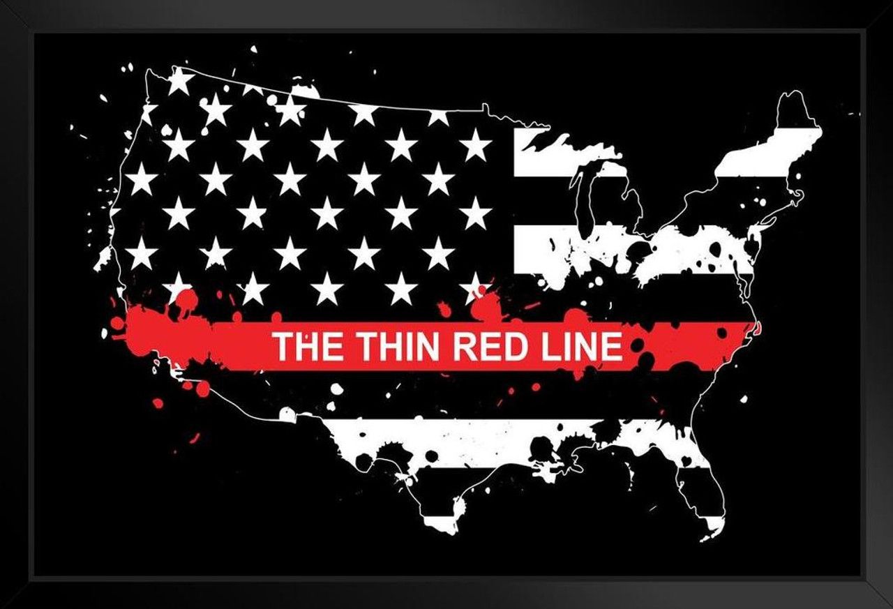 1280x873 Thin Red Line Flag USA Map Memorial Black Wood Framed Art Poster 20x14