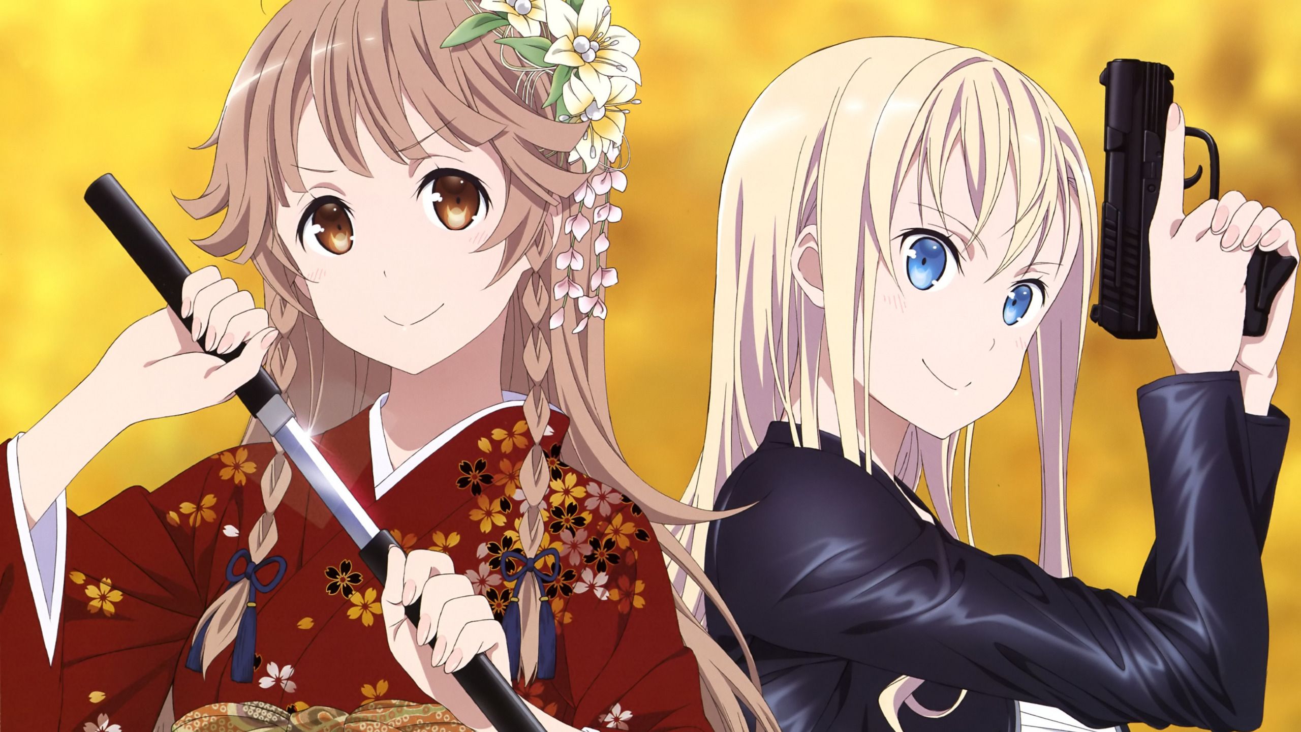 2560x1440 Download wallpaper girl, sword, gun, pistol, weapon, anime, katana, ken, blade, kimono, seifuku, Haifuri, High School Fleet, section other in resolution 2560x1440