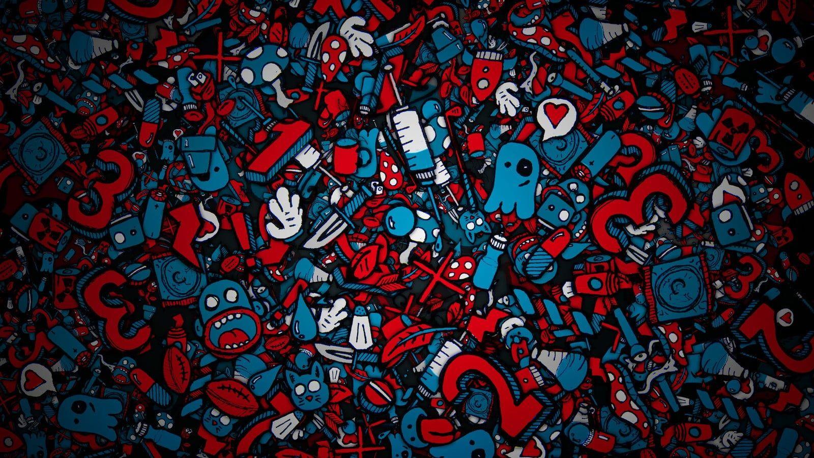 1600x900 Tác phẩm nghệ thuật doodle màu xanh lam và đỏ, hình nền HD của Jared Nickerson